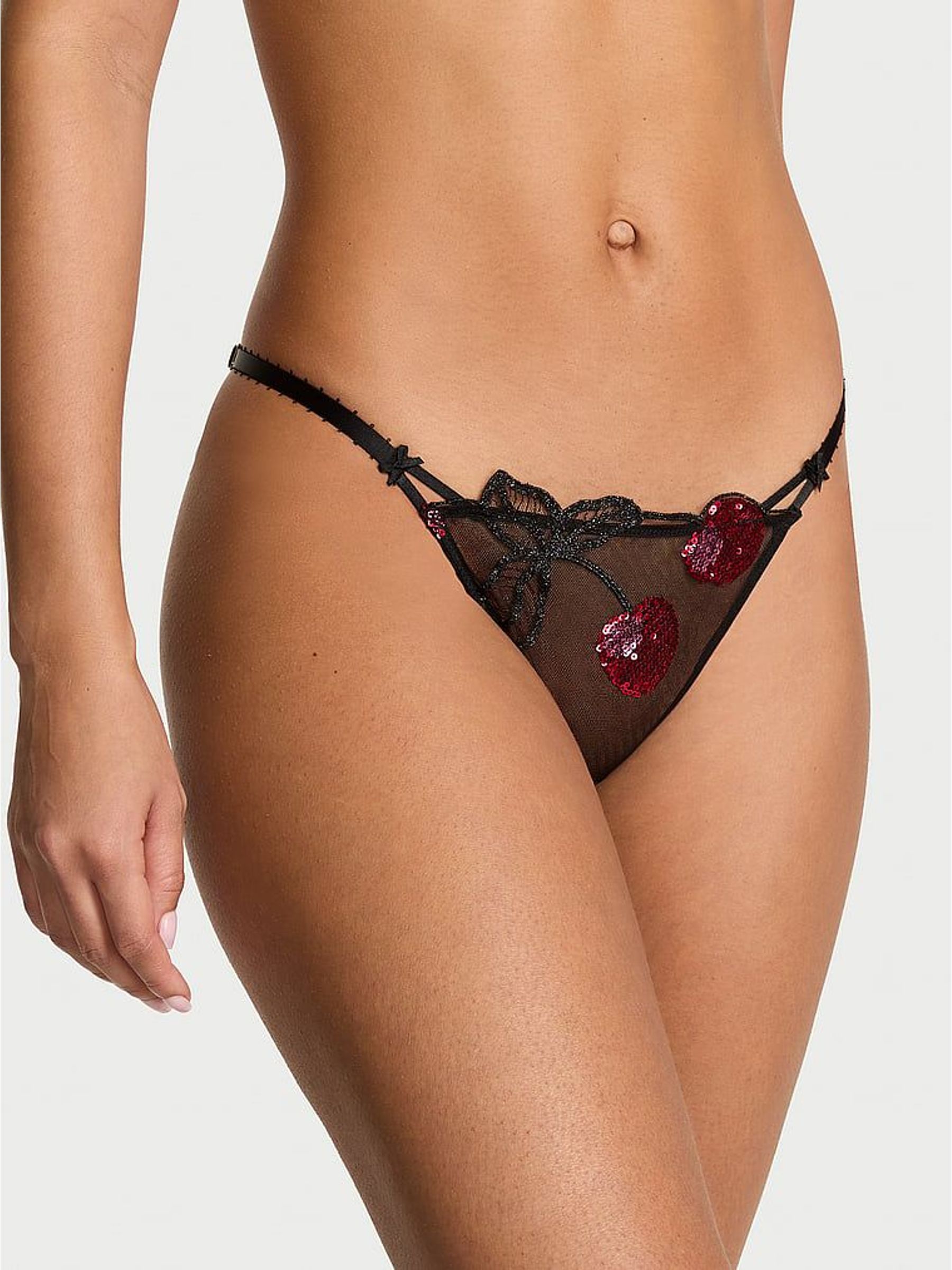 Black Thong Cherry Embroidery Sequin Knickers (W84464) | £18
