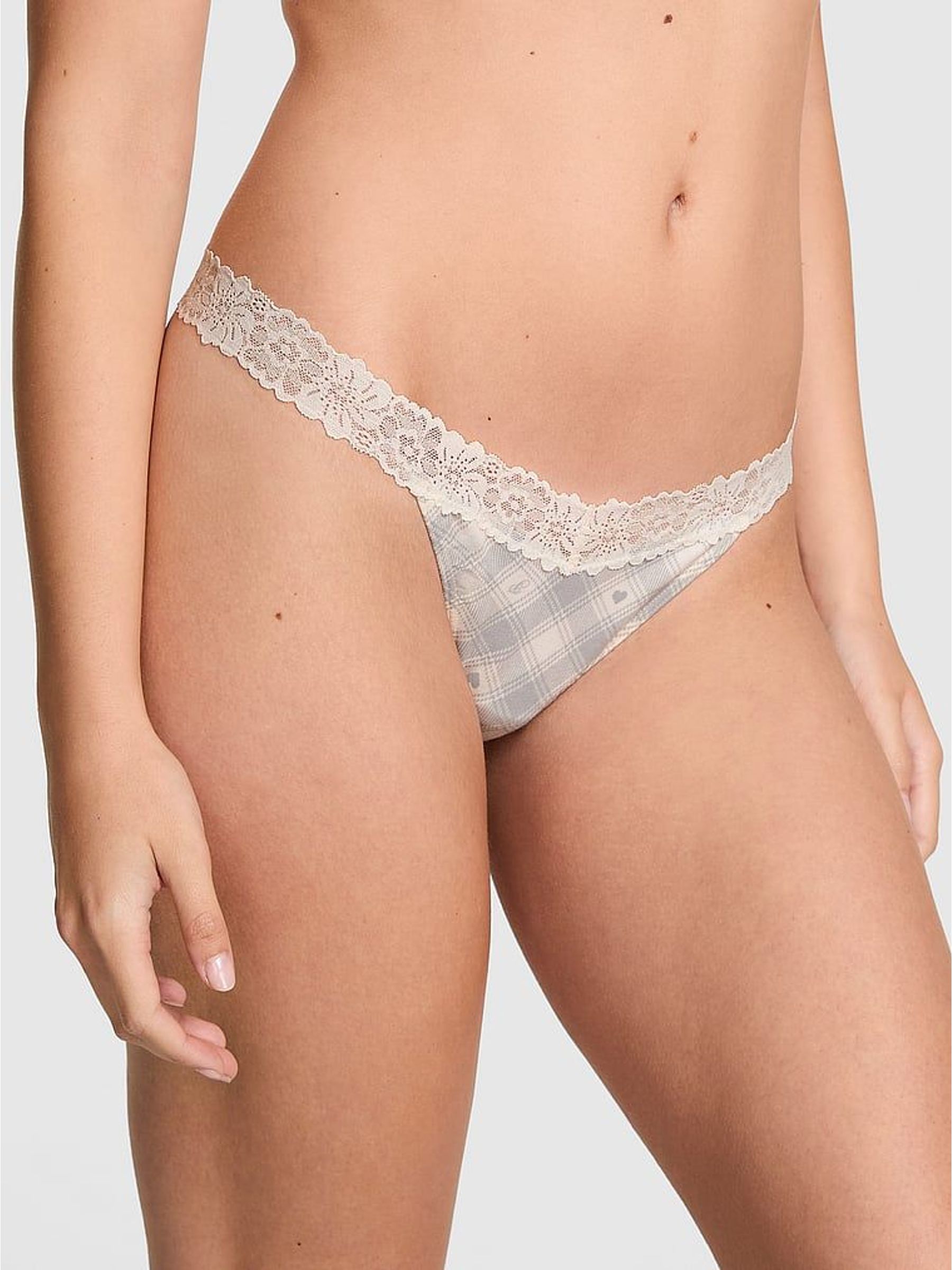 White Tartan Thong Cotton Heather Lace Trim Knickers (W84470) | £10
