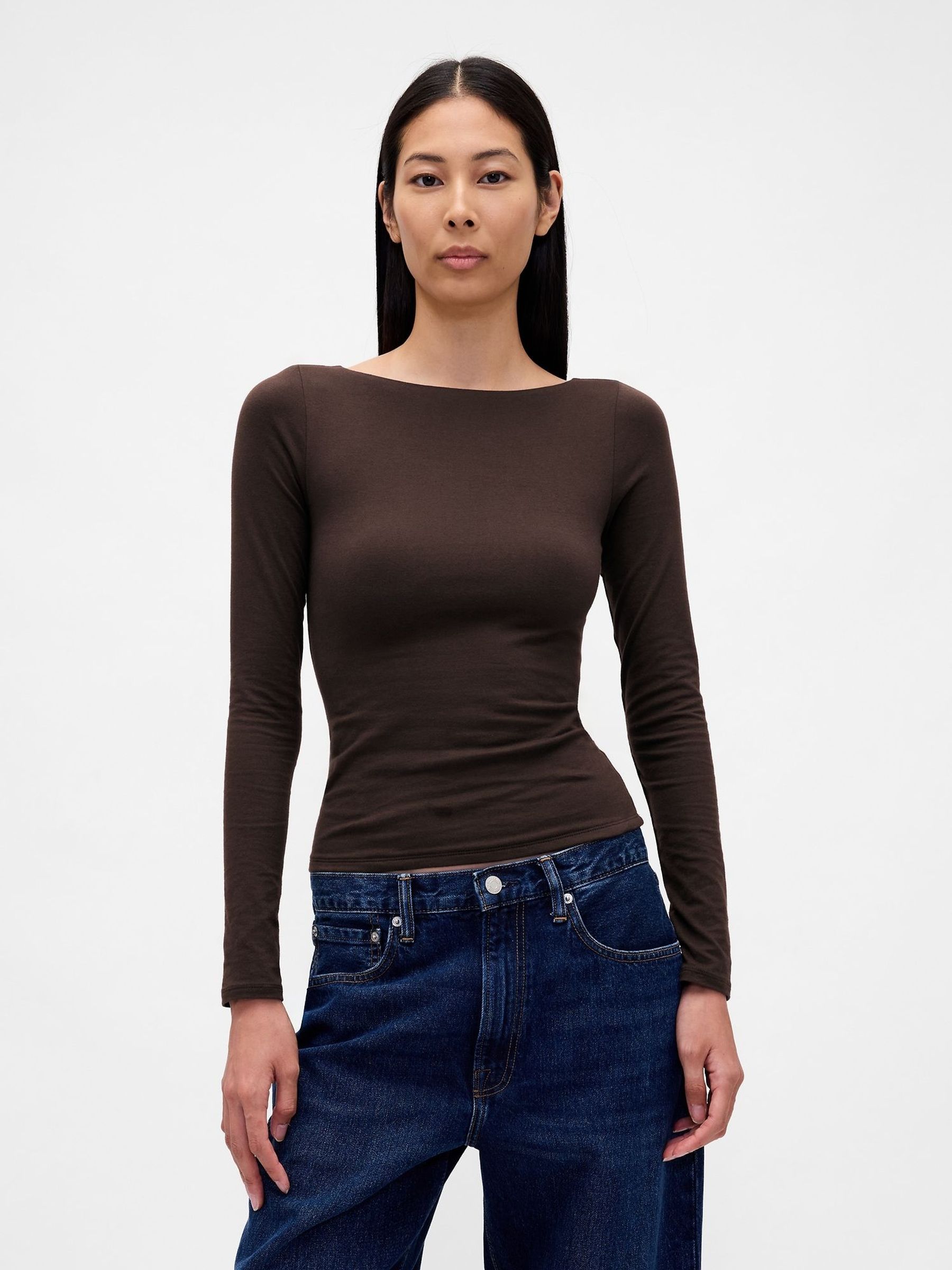 Brown CloseKnit Jersey Boatneck Open-Back T-Shirt (W85625) | £18