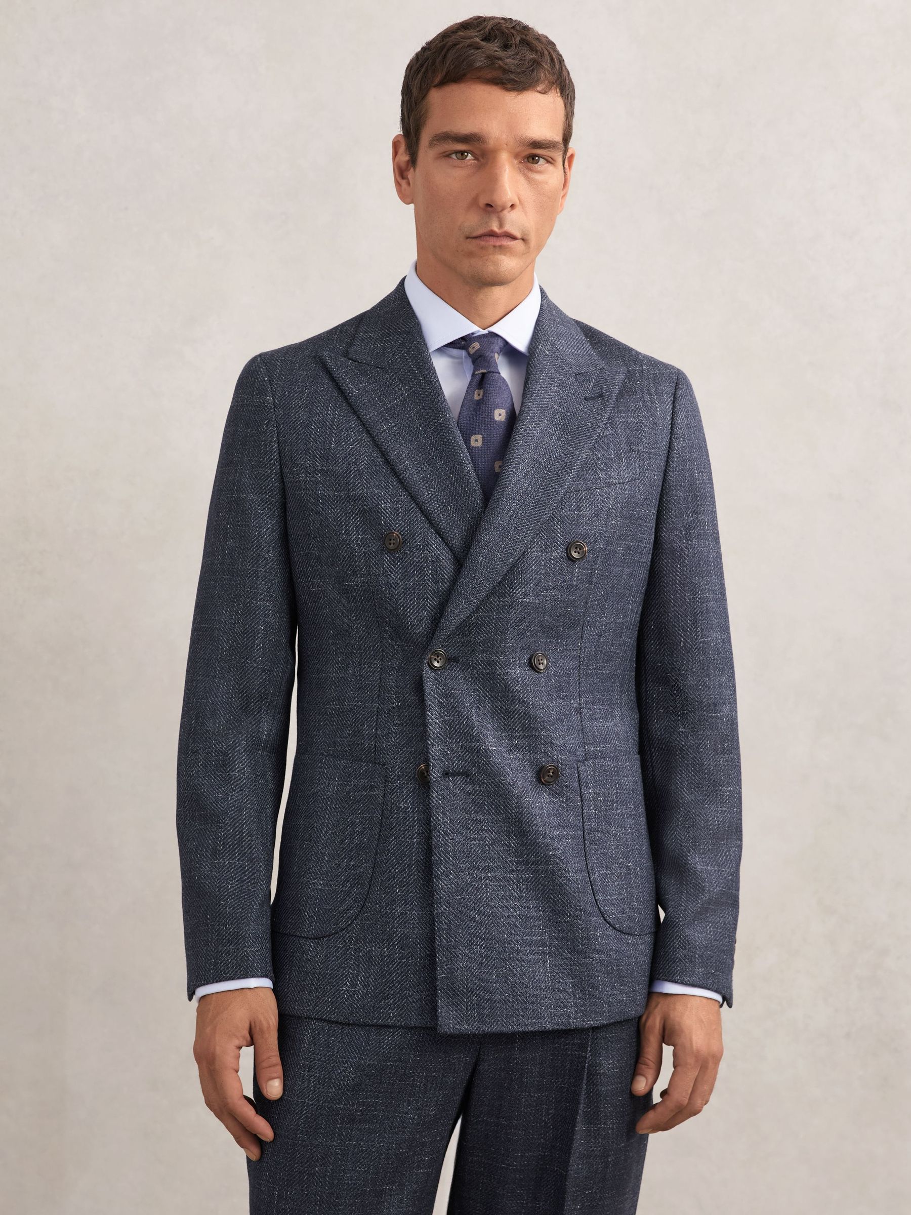 Double-Breasted Herringbone Blazer Slim-Fit Wool-Blend in Navy (W86959) | £398