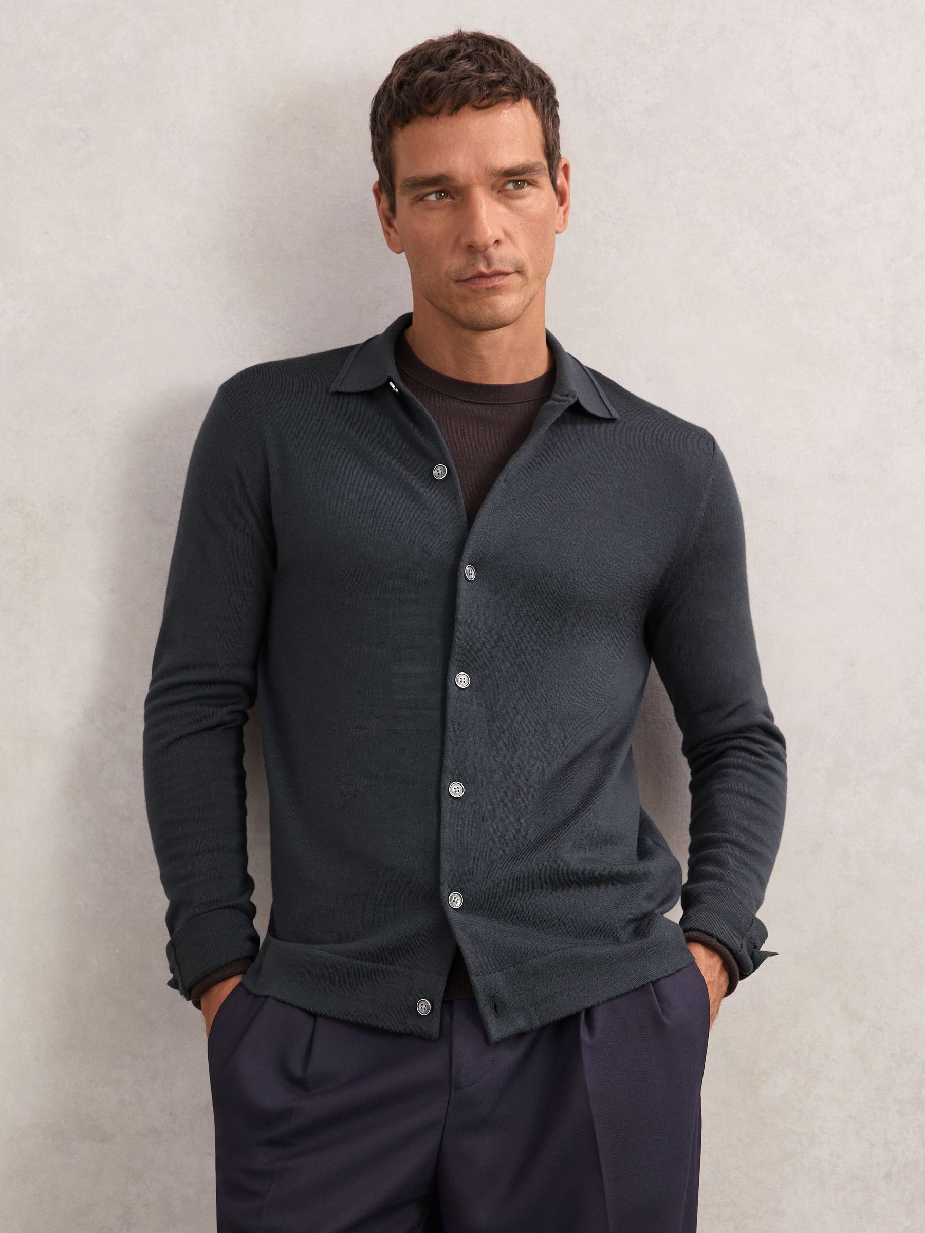 Merino Wool Button-Through Cardigan in Bottle Green (W87330) | £118