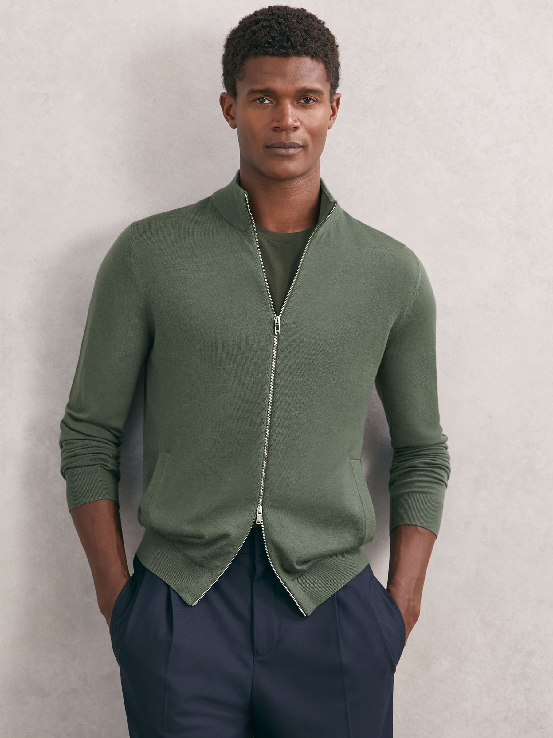 Merino Wool Zip-Through Cardigan in Kale Green (W87333) | £118