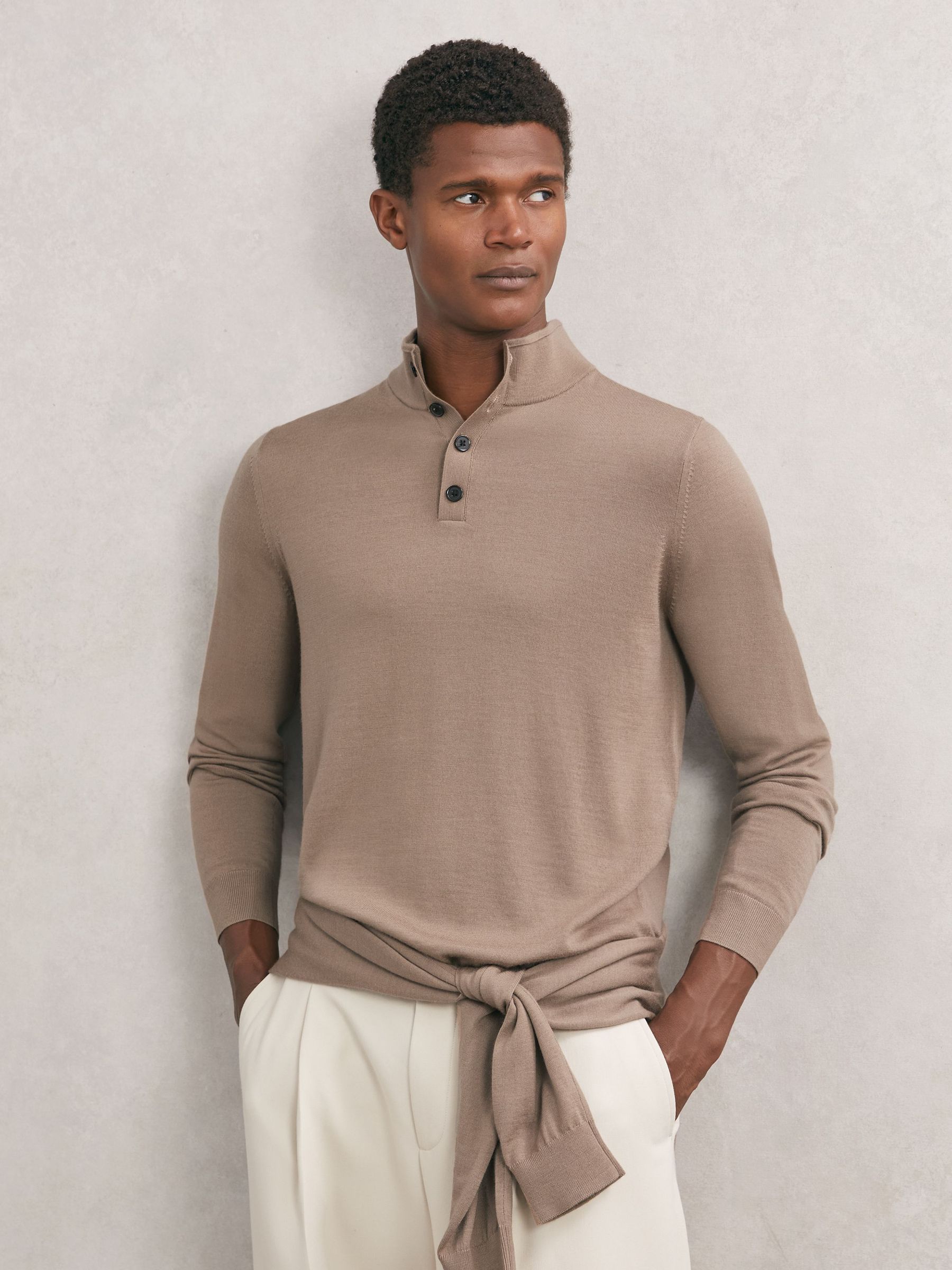 Merino Wool Half-Button Funnel Jumper in Camel Brown (W87343) | £98
