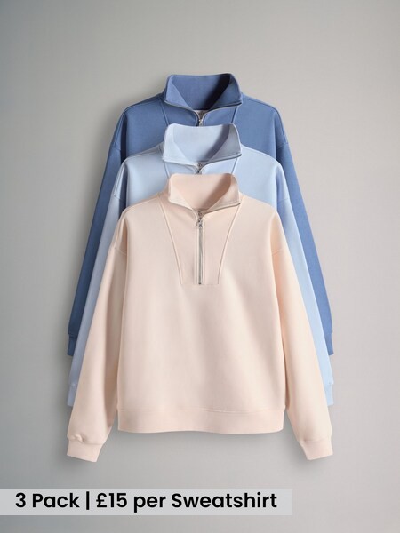 Blue/Light Blue/White 3 Pack Half Zip Ribbed Funnel Neck Sweatshirts (W87735) | £45
