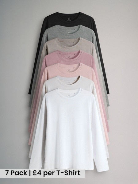 Black/Brown/Taupe/Pink/Light Pink/Cream/White 7 Pack Essential Long Sleeve T-Shirts (W87778) | £28