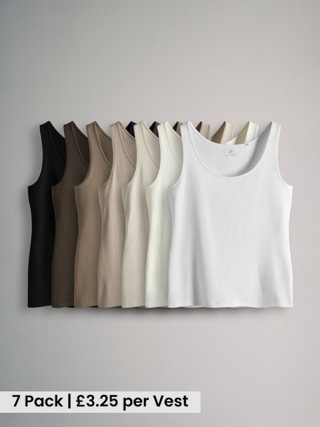 Black/White/Brown/Light Brown/Cream/White 7 Pack Scoop Neck Vests (W88273) | £22.75