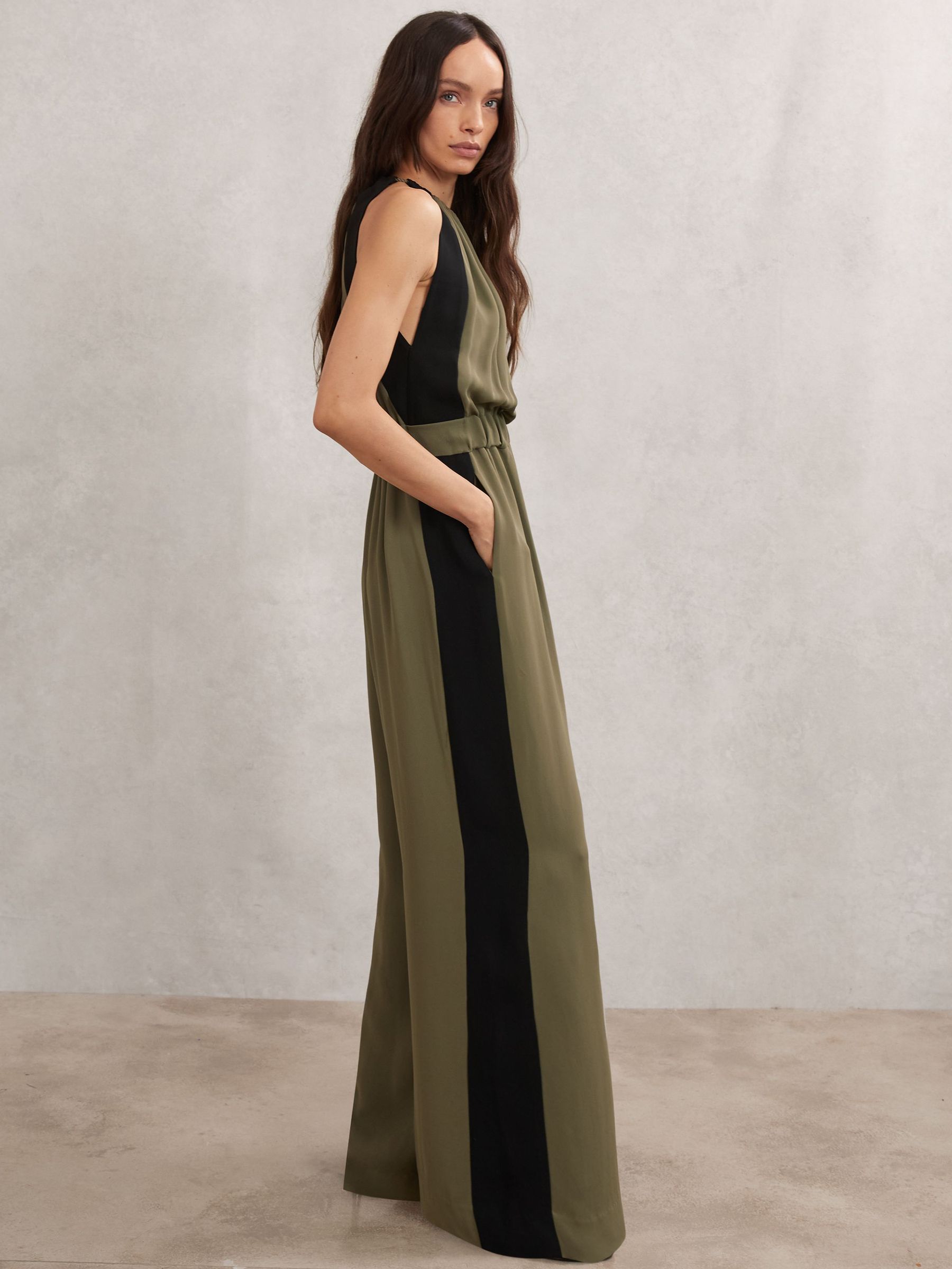 Colourblock Gathered Wide-Leg Jumpsuit in Khaki Green/Black (W88752) | £240