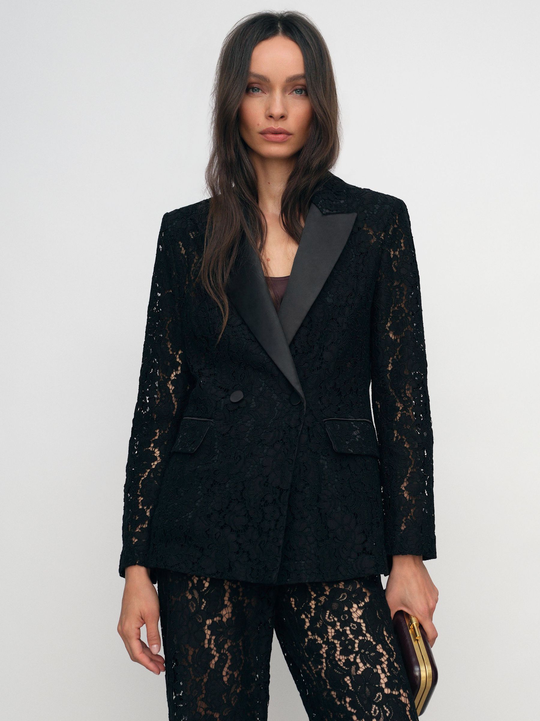 Double-Breasted Lace Tuxedo Blazer in Black (W89193) | £298