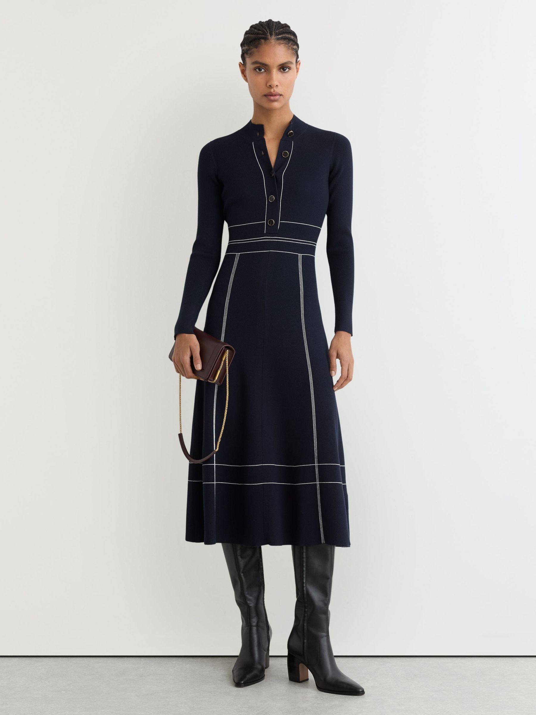 Petite Contrast-Stitch Knitted Midi Dress in Navy (W89599) | £198