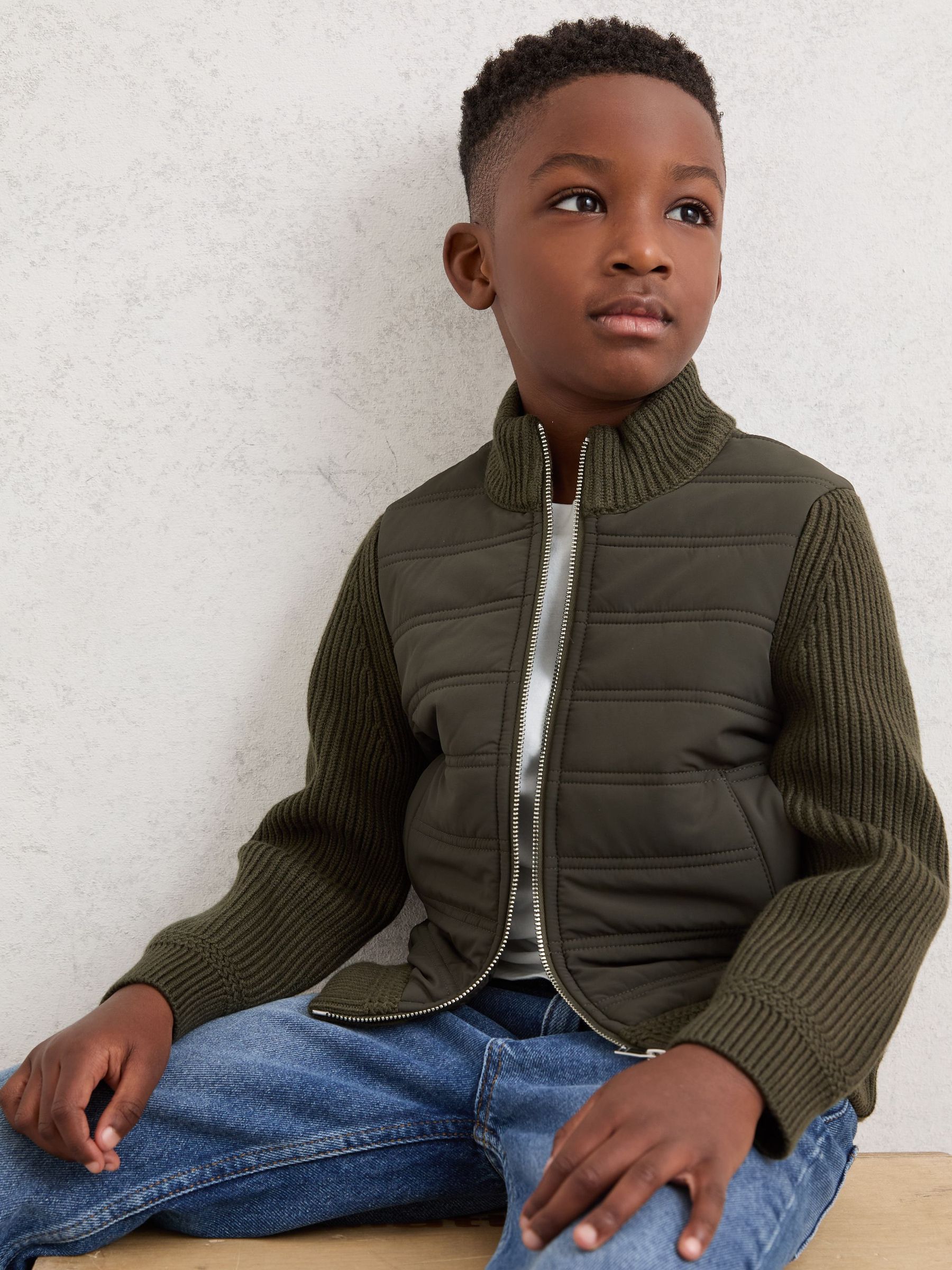 3-9 yrs Hybrid Quilt and Knit Zip-Through Jacket in Dark Green (W89612) | £58