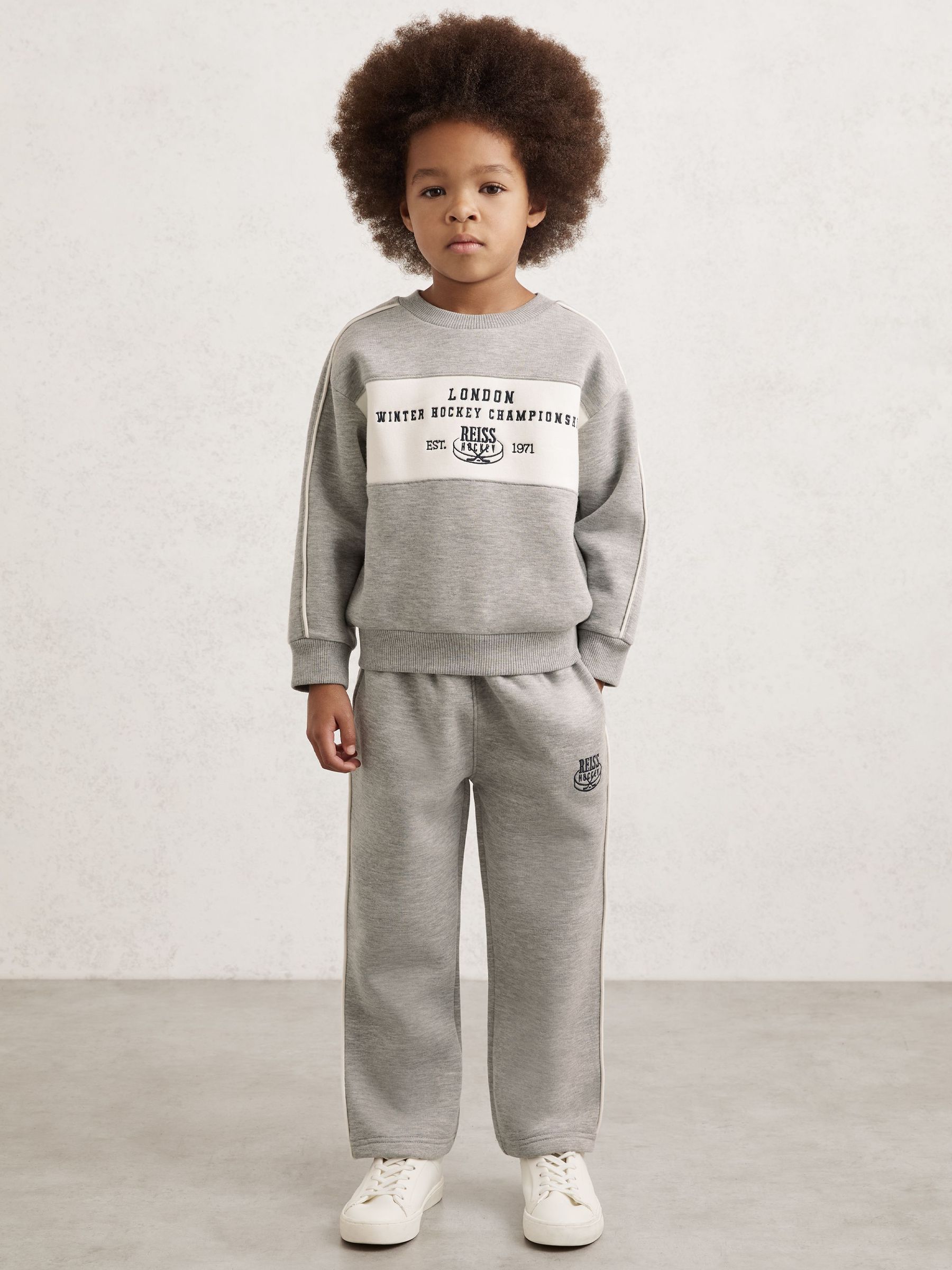 9-13 yrs Cotton-Blend Hockey Sweatshirt with Contrast-Piping in Grey Melange (W90081) | £44