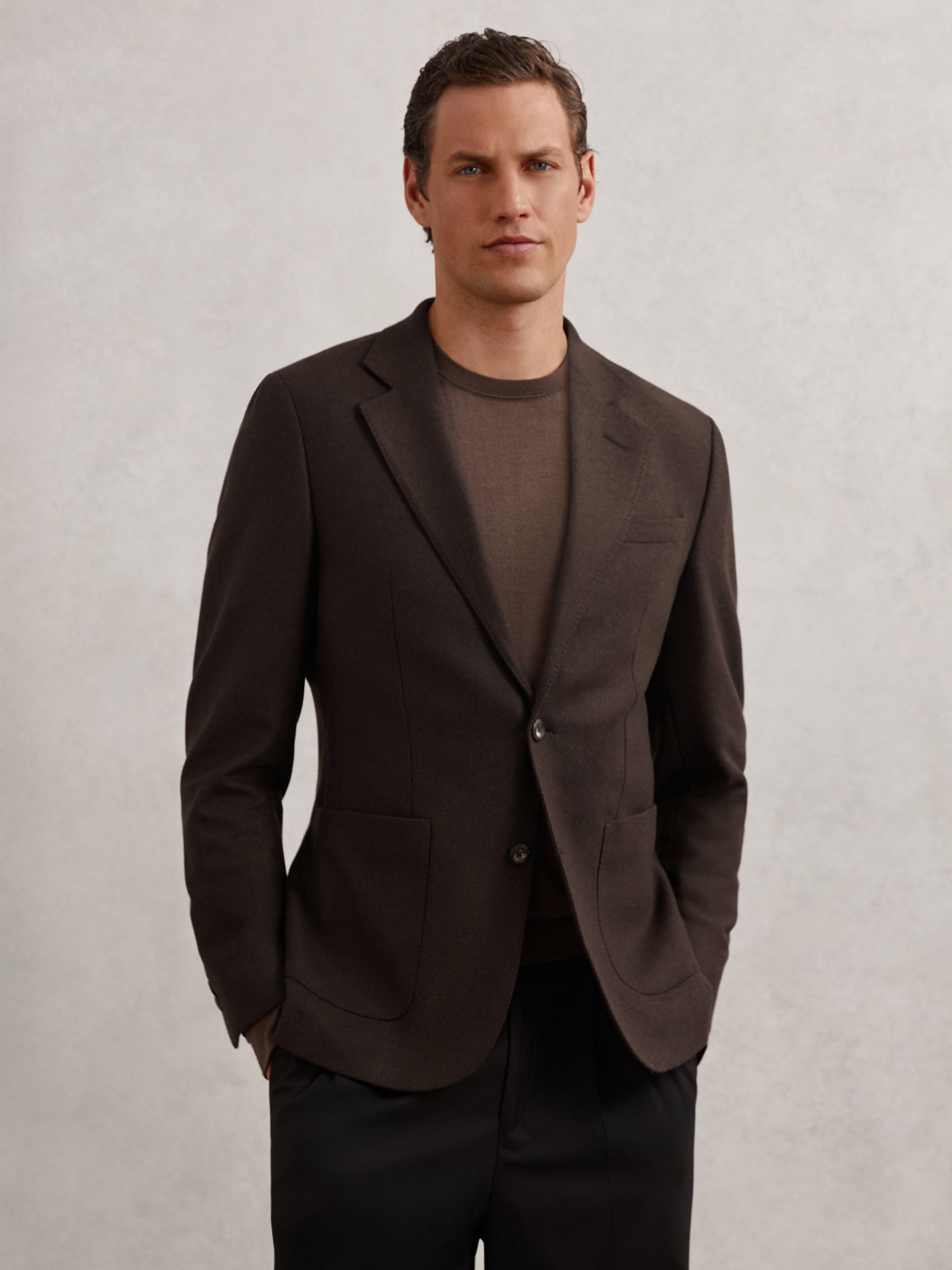 Flannel Single-Breasted Blazer Tailored-Fit with Wool in Chocolate Brown (W90594) | £268