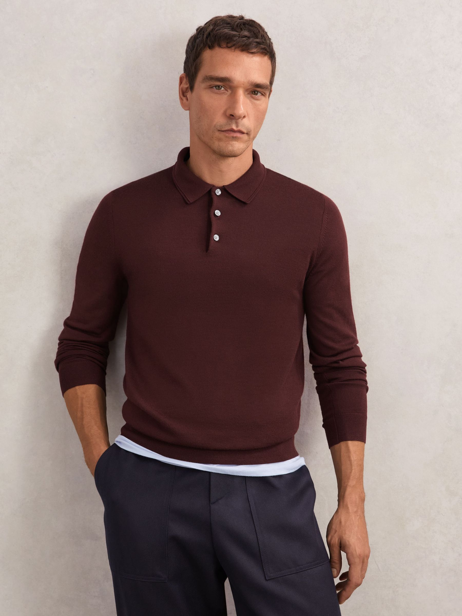 Merino Wool Polo Shirt in Port Red (W90602) | £98