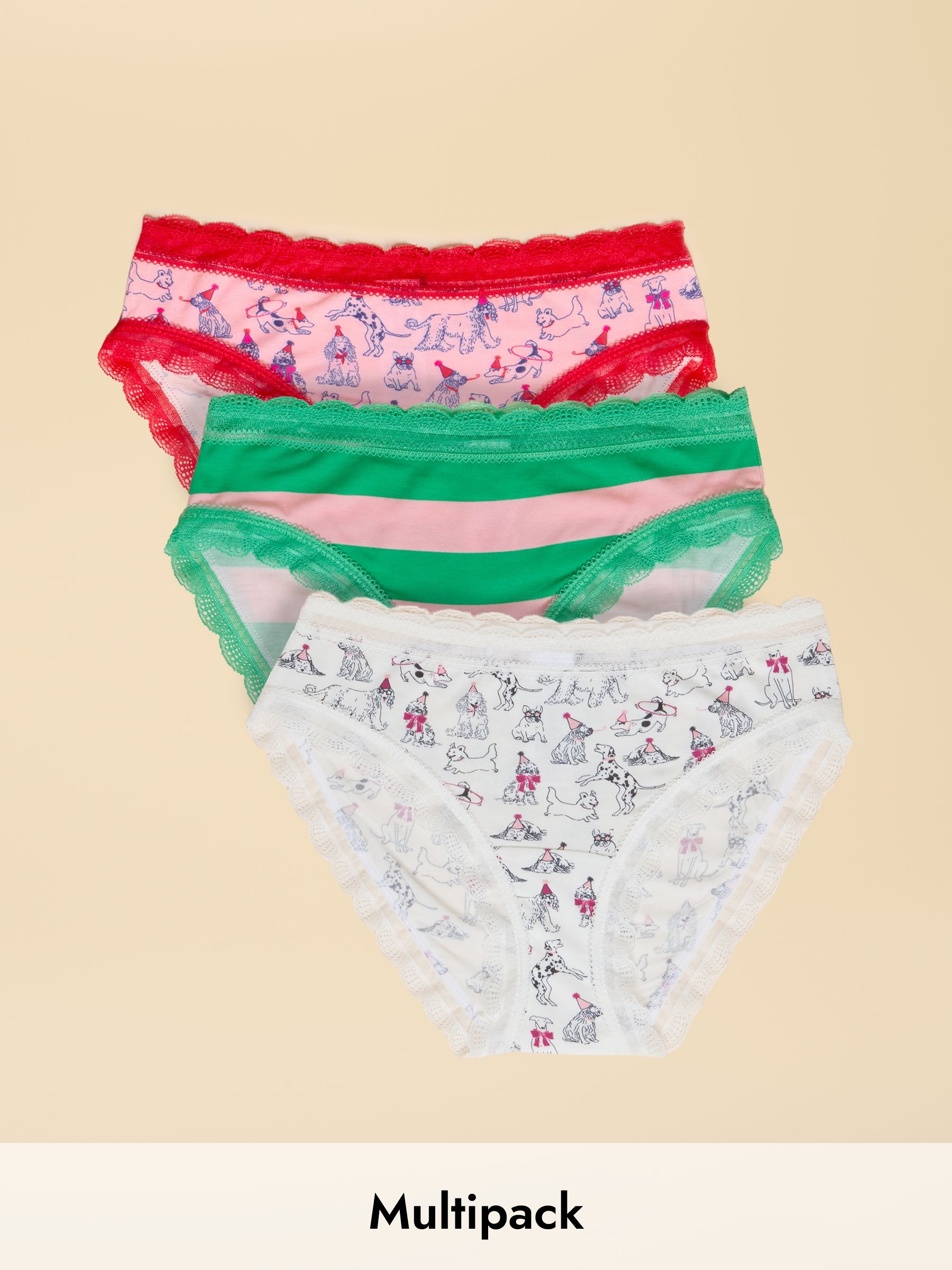 Red & Green Party Dogs/Stripe Knickers 3 Pack (W91613) | £19.95