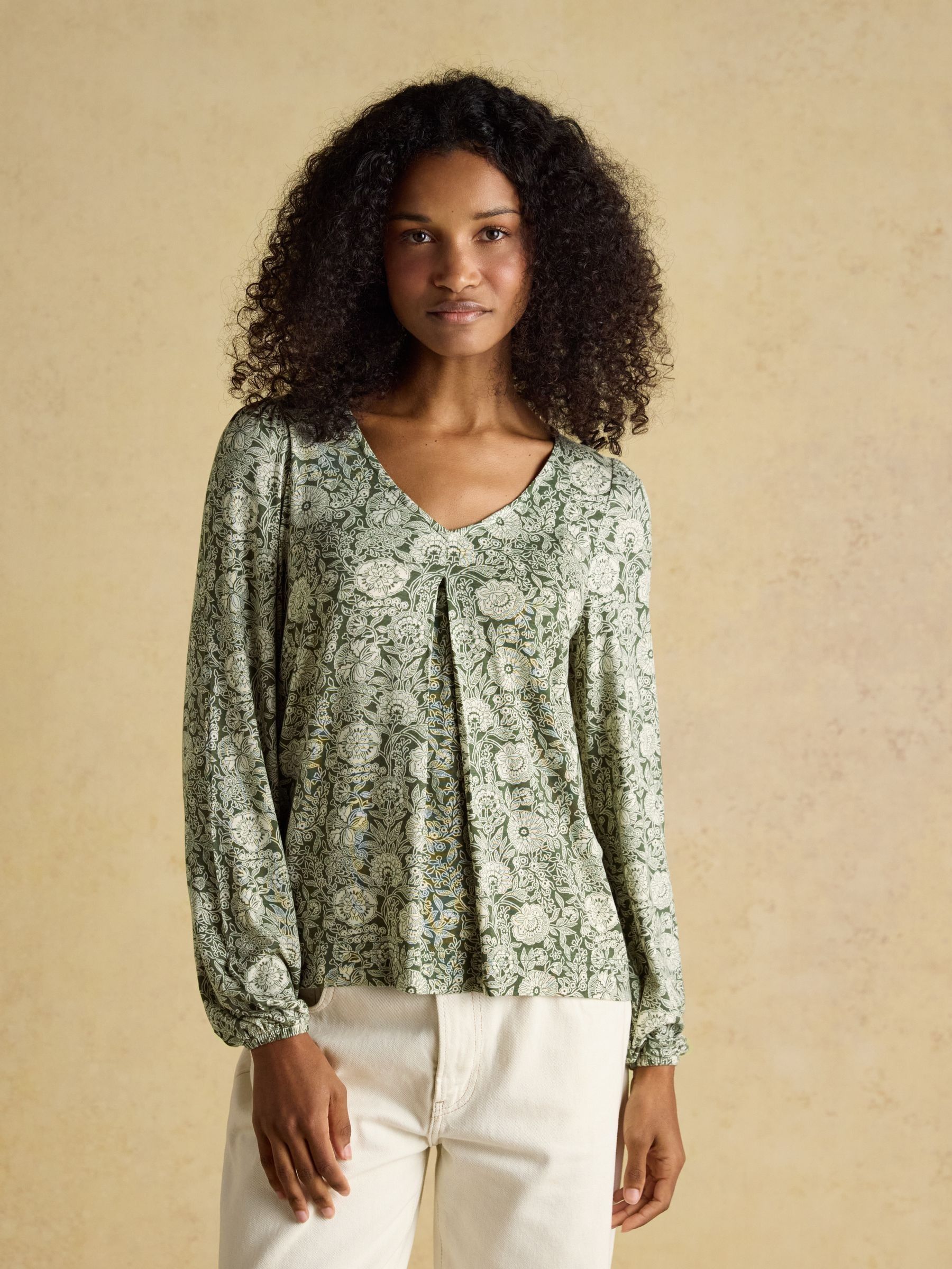 Nia Khaki Floral Pleated Front Long Sleeve Jersey Top