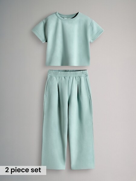 Teal Blue Interlock Cropped Short Sleeve T-Shirt and Wide Leg Joggers Set (W94620) | £19 - £21