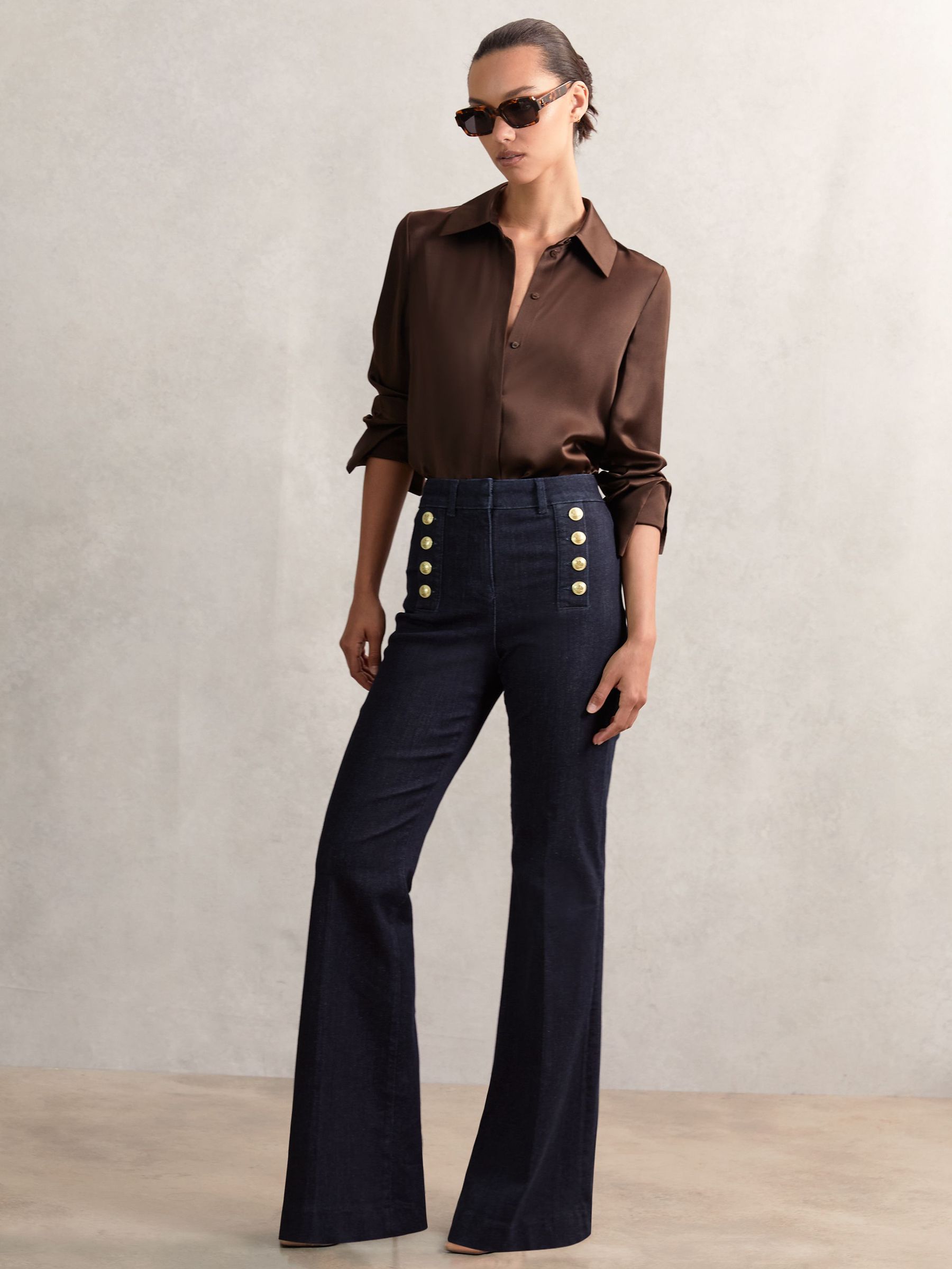 Petite Button-Detail High-Rise Flared Jeans in Dark Blue (W94797) | £170