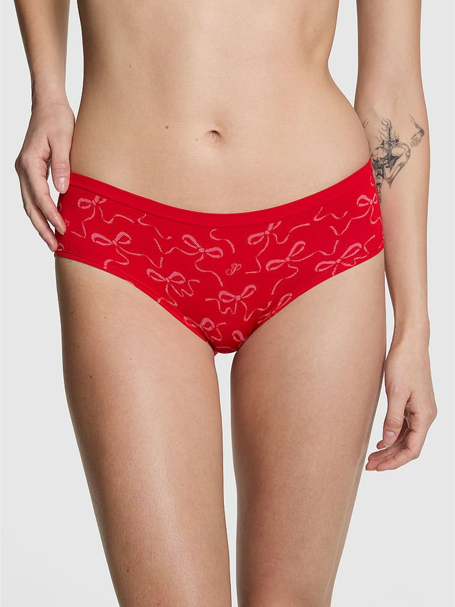 Bright Vermillion Red Bow Print Hipster Seamless Knickers (W96031) | £10