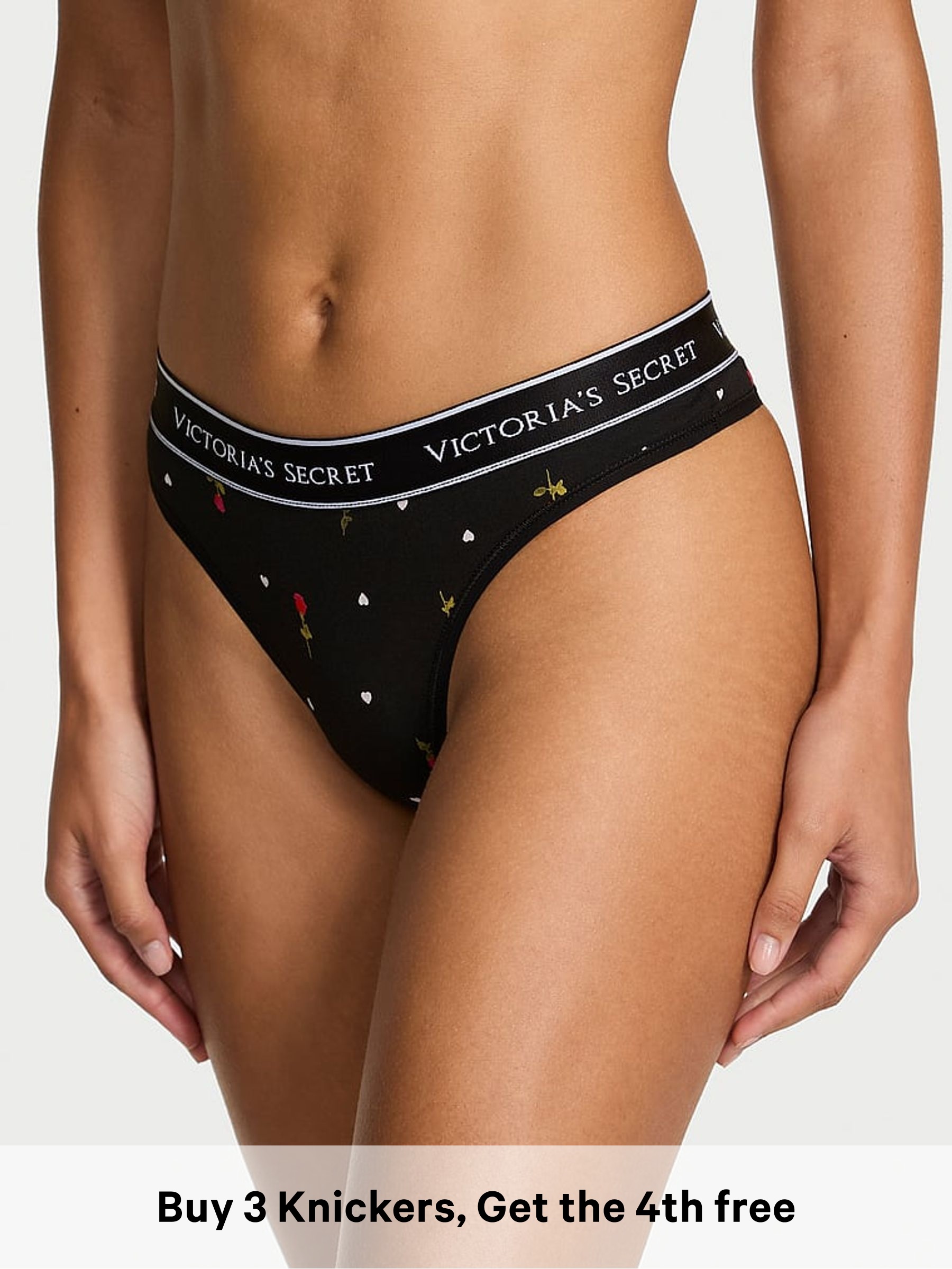 Black Ditsy Rose Thong Logo Knickers (W96179) | £9