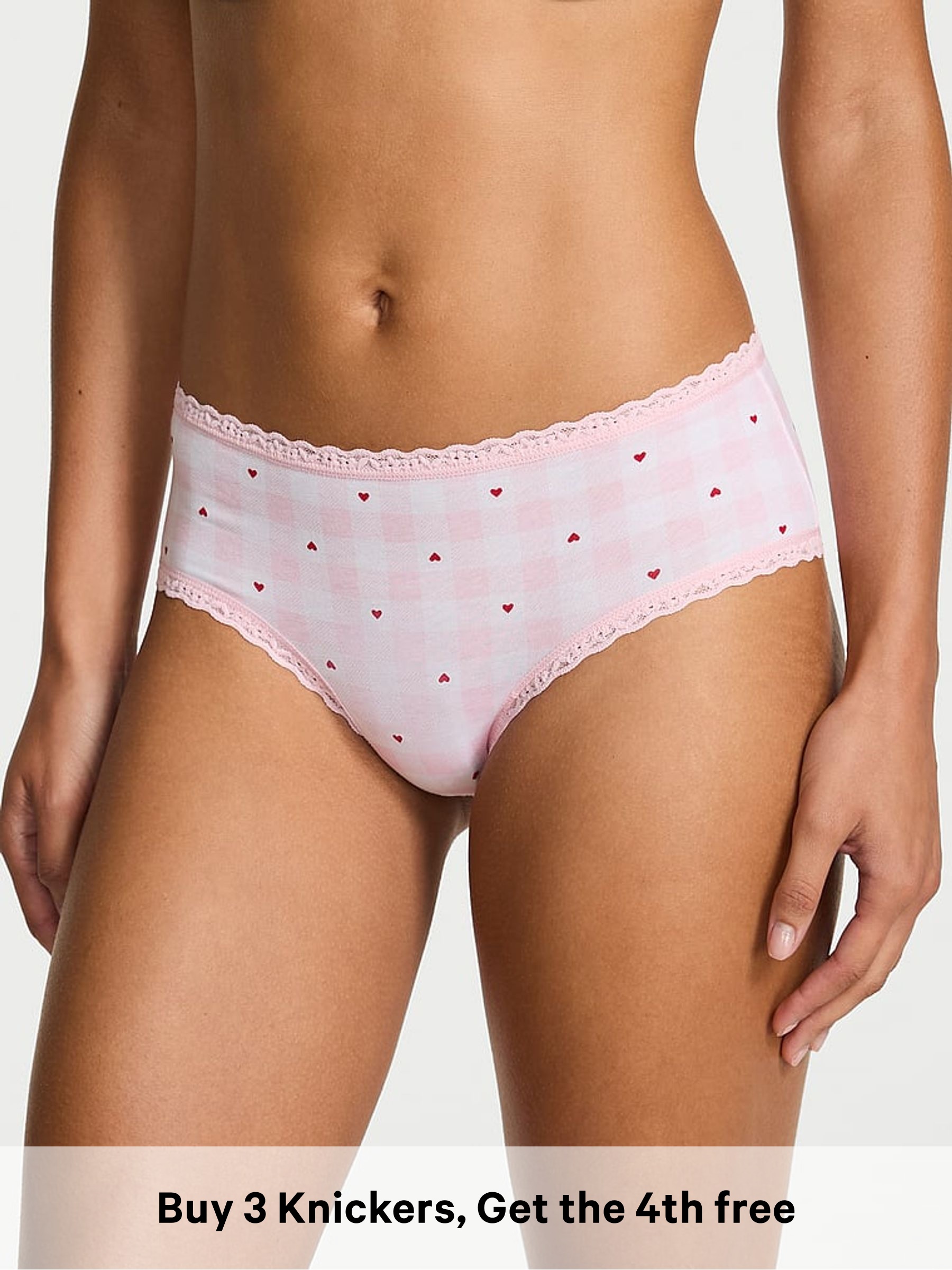 Pretty Blossom Pink Gingham Heart Cheeky Cotton Lace Trim Knickers (W96185) | £10