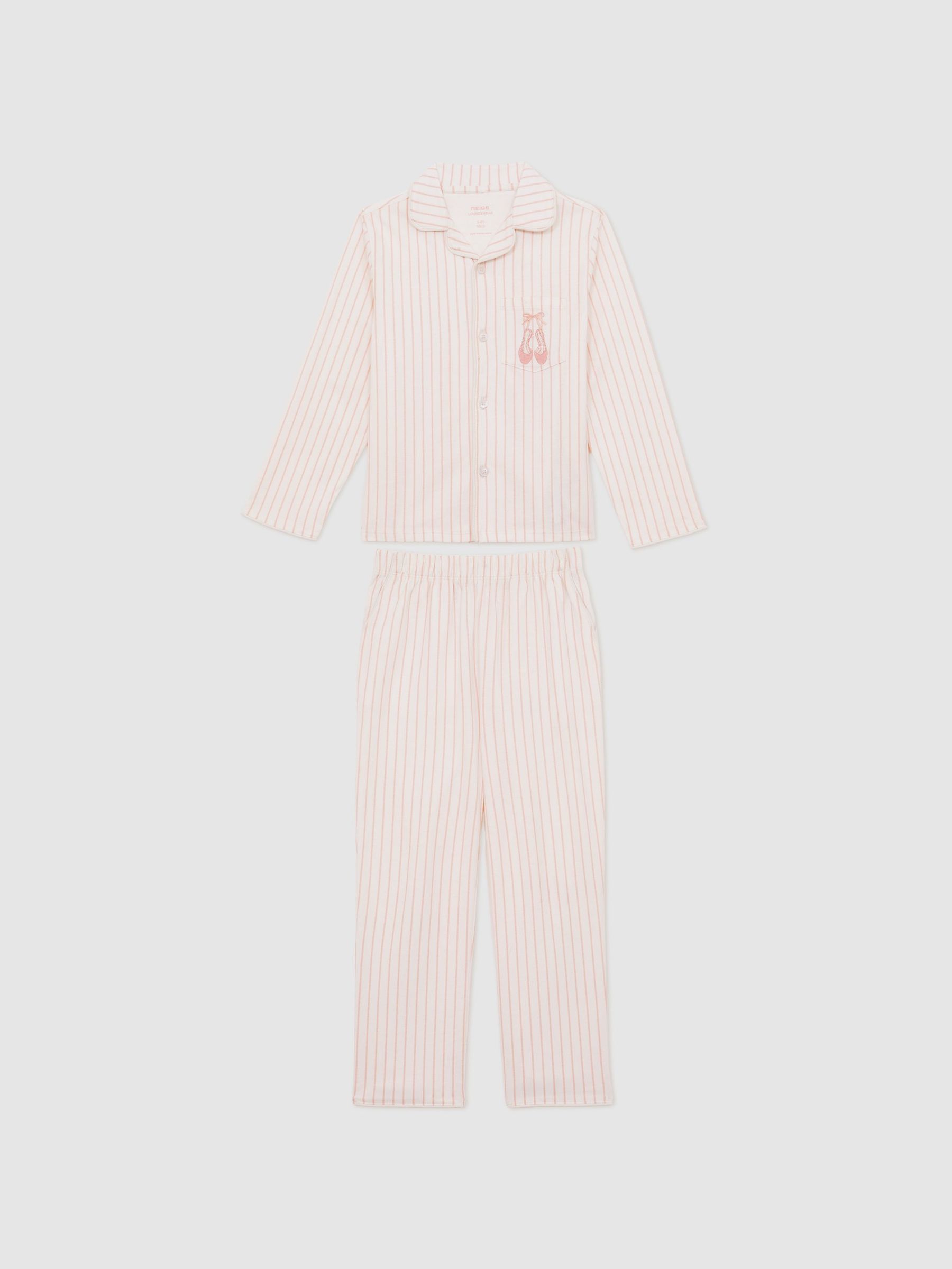13-14 yrs Cotton Embroidery Stripe Pyjama Set in Pink (Y00545) | £40