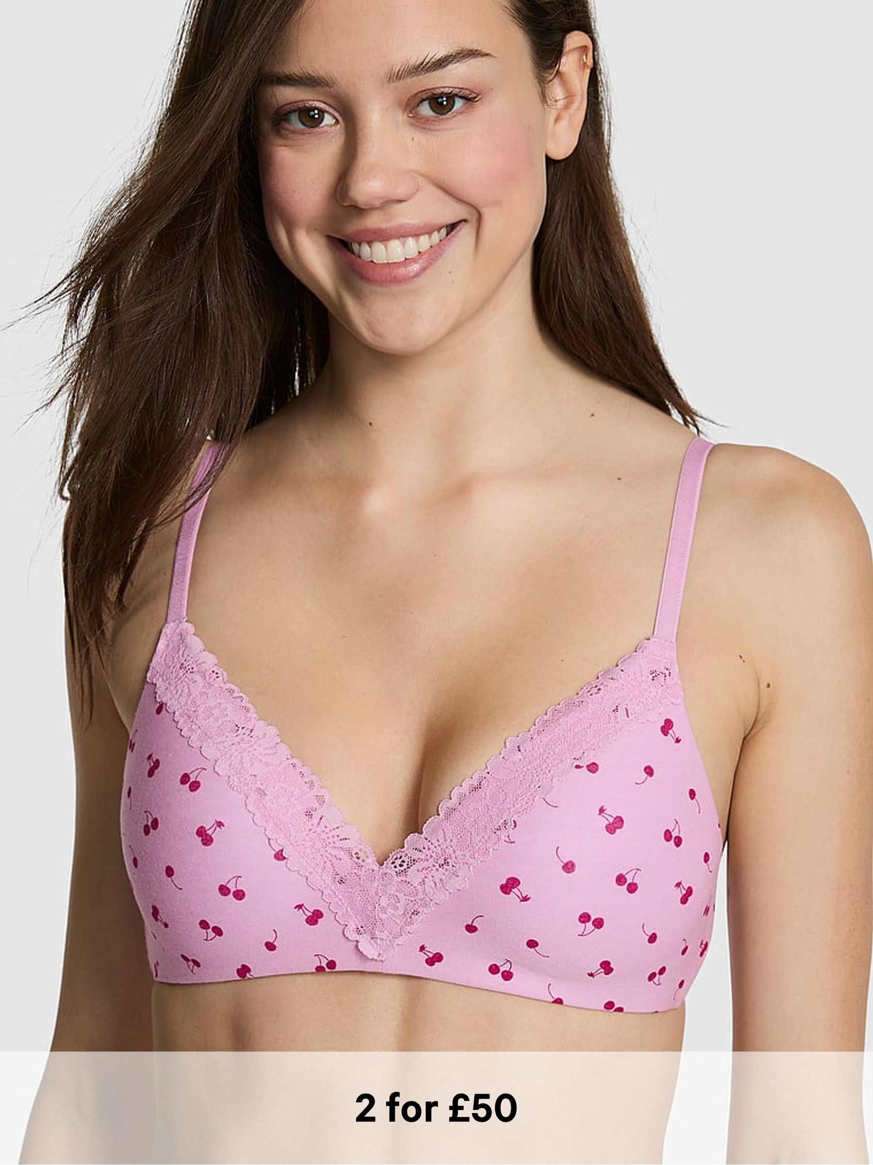 Hushed Lilac Purple Cherry Print Non Wired Lightly Lined Cotton Heather Lace Trim Bra (Y01552) | £30
