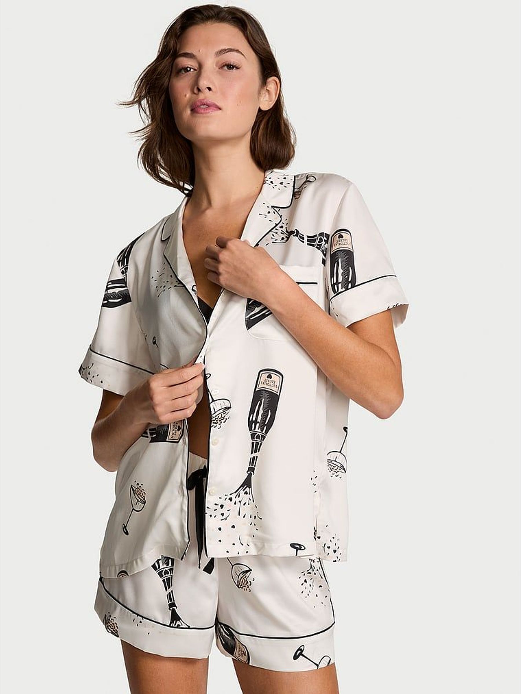 Coconut White Champagne Bottles Satin Short Pyjamas Set (Y02857) | £65