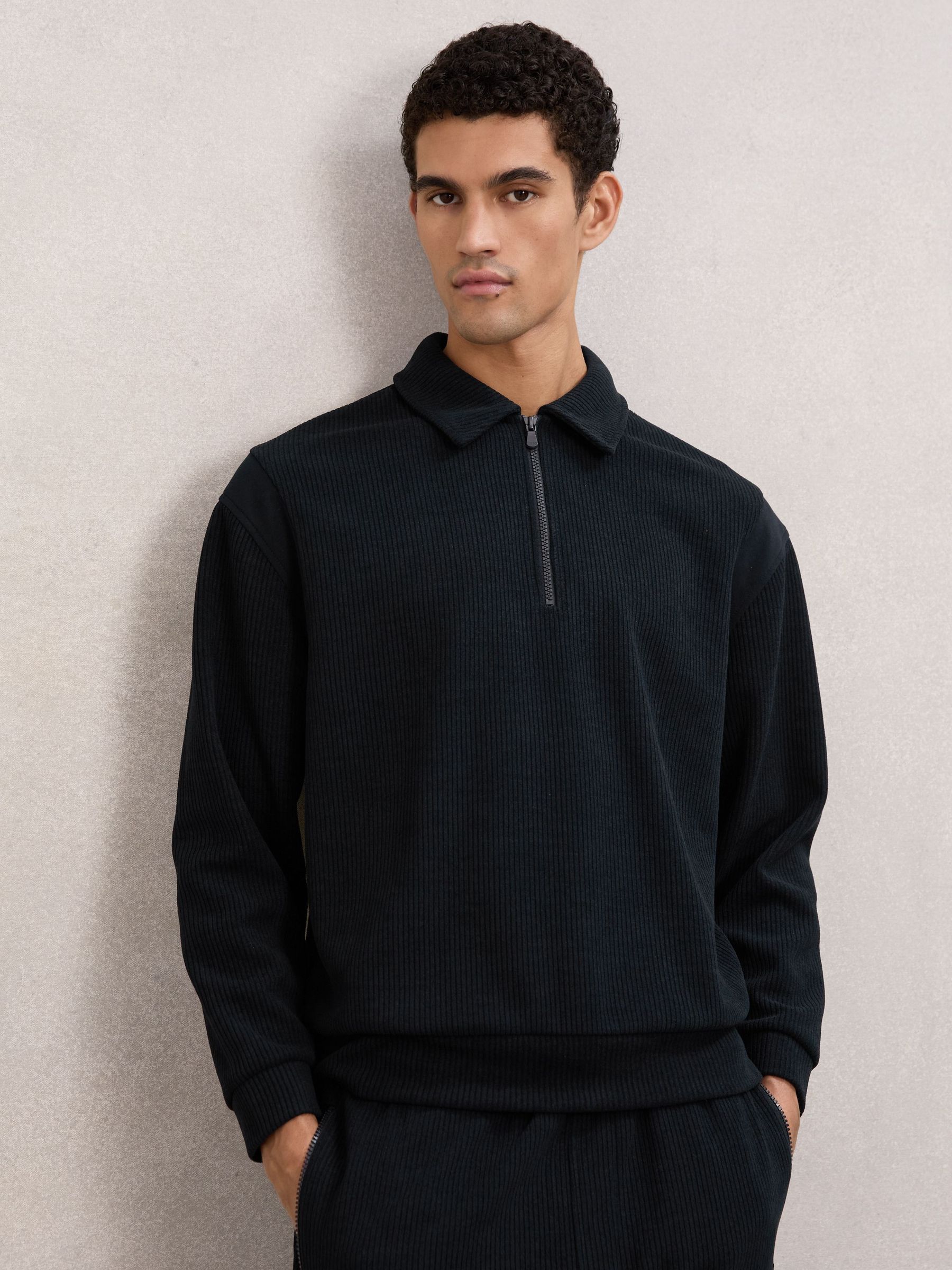 Corduroy Half-Zip Polo Shirt in Navy (Y04691) | £128