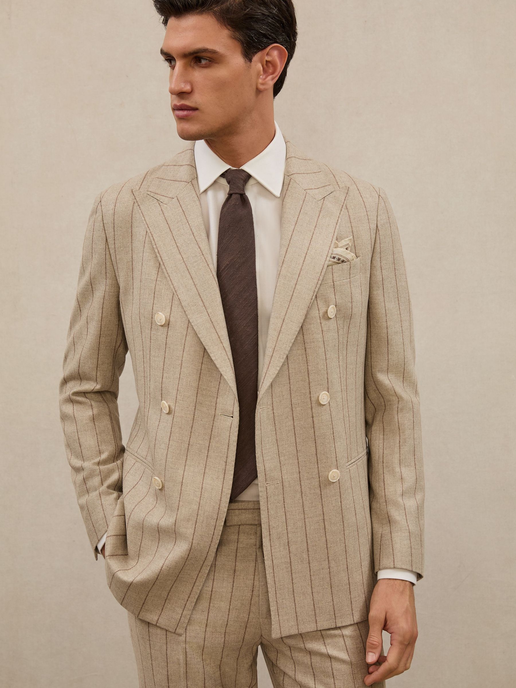 Atelier Wool Double-Breasted Blazer Pinstripe Classic-Fit in Mocha Brown (Y05023) | £550