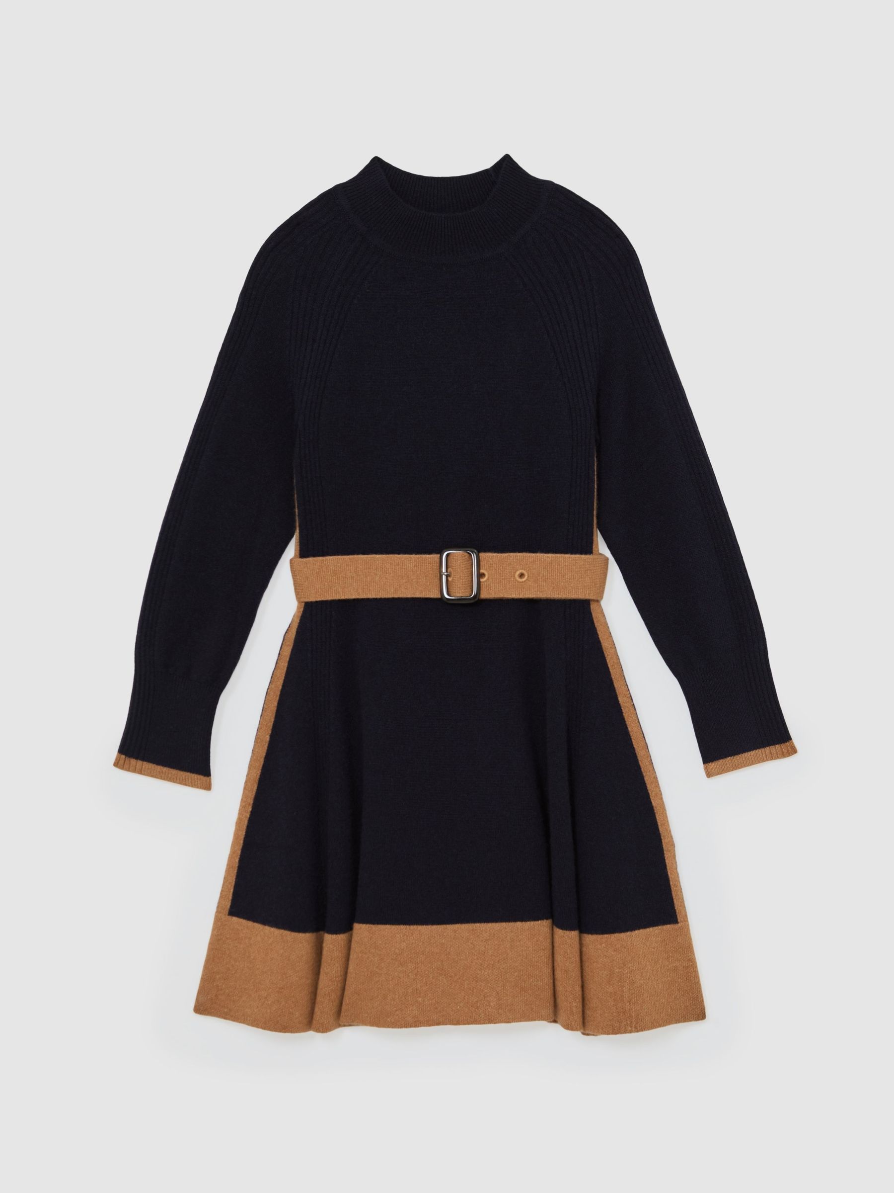 13-14 yrs Wool-Blend Belted Knitted Dress with Cashmere in Navy (Y06893) | £86