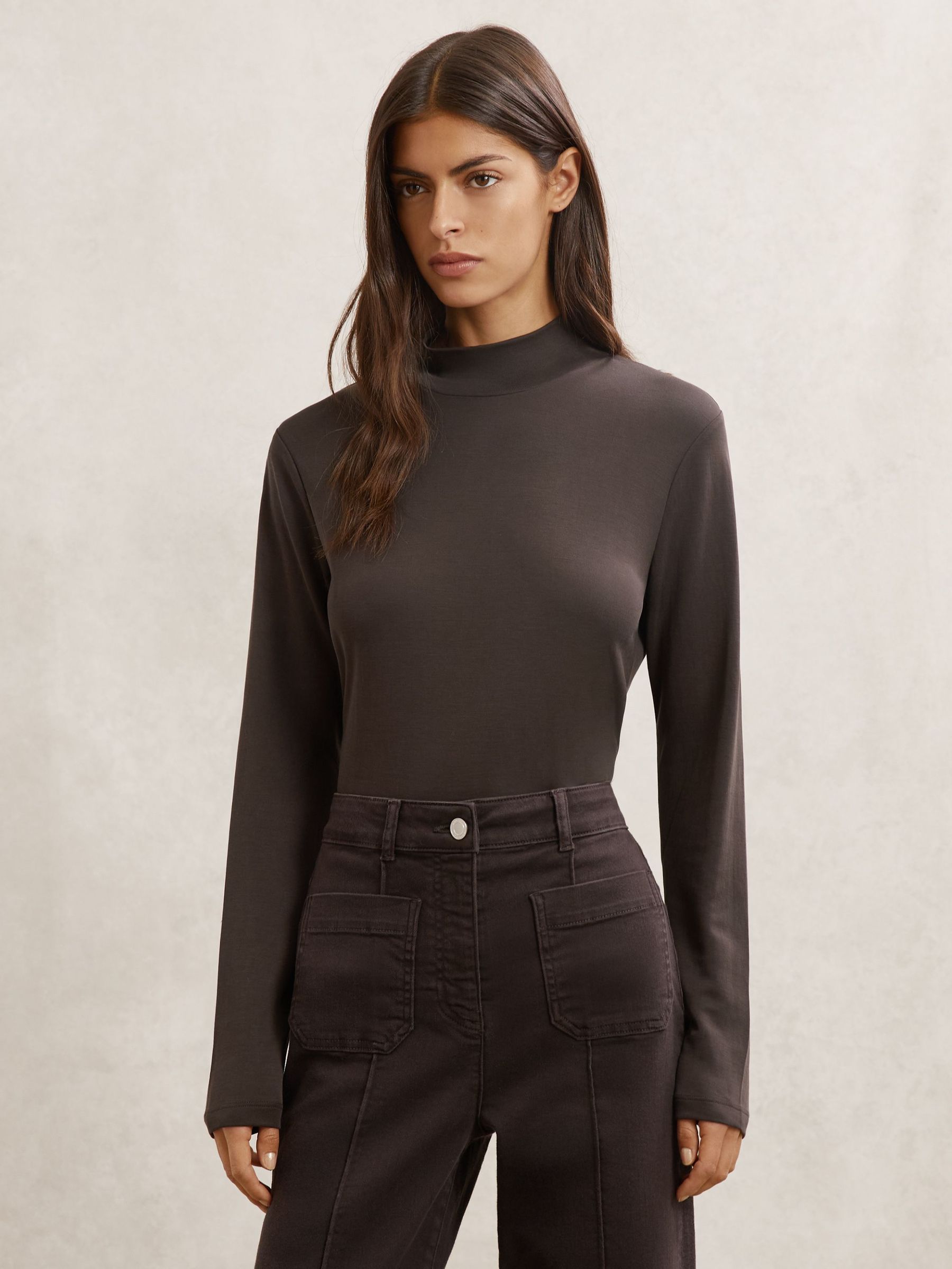 Lyocell-Blend Funnel-Neck Top in Chocolate Brown (Y06920) | £58