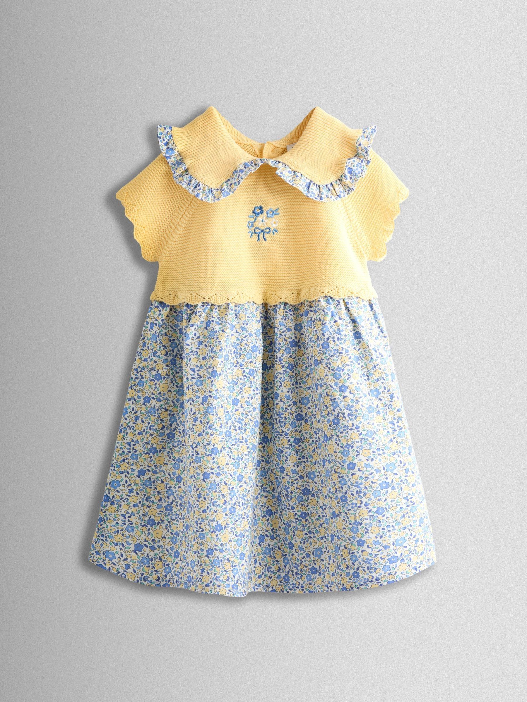 Yellow Floral Embroidered Frill Collar Knitted Combo Dress (Y09455) | £32 - £38