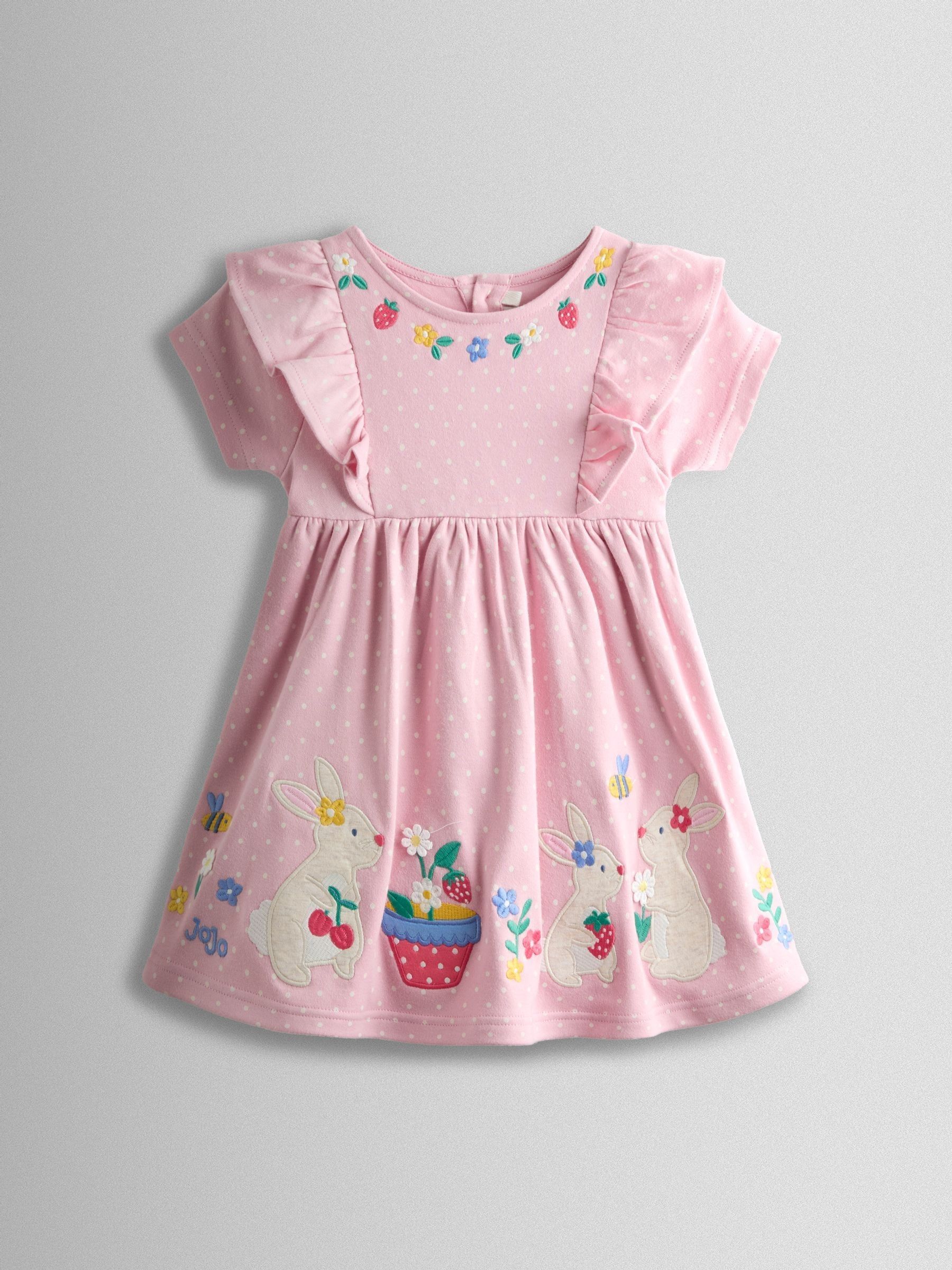 Rose Pink Bunny Appliqué Ruffle Shoulder Dress (Y09464) | £22 - £25