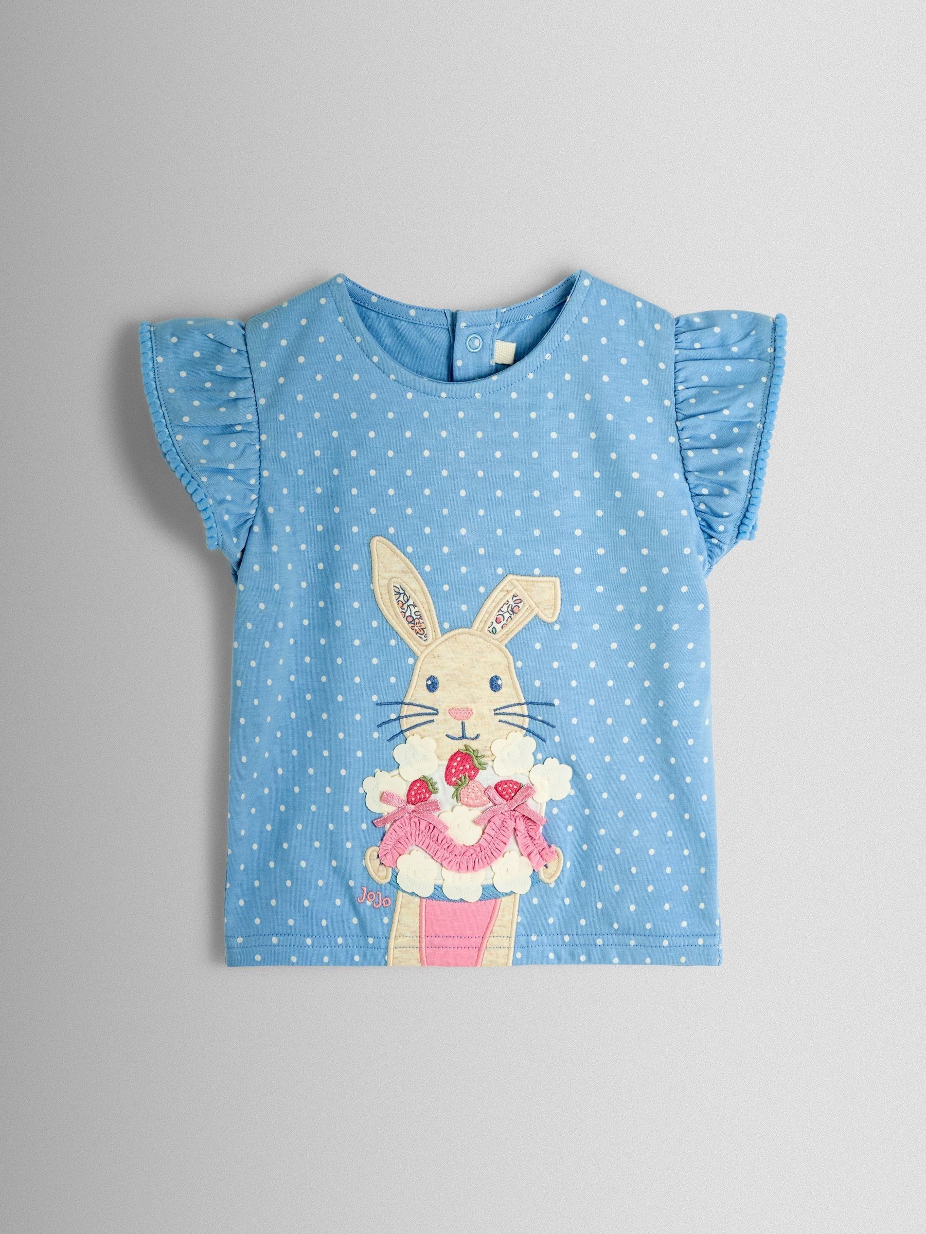 Mid Blue Bunny With Cake Appliqué Frill Sleeve T-Shirt (Y09489) | £16 - £19