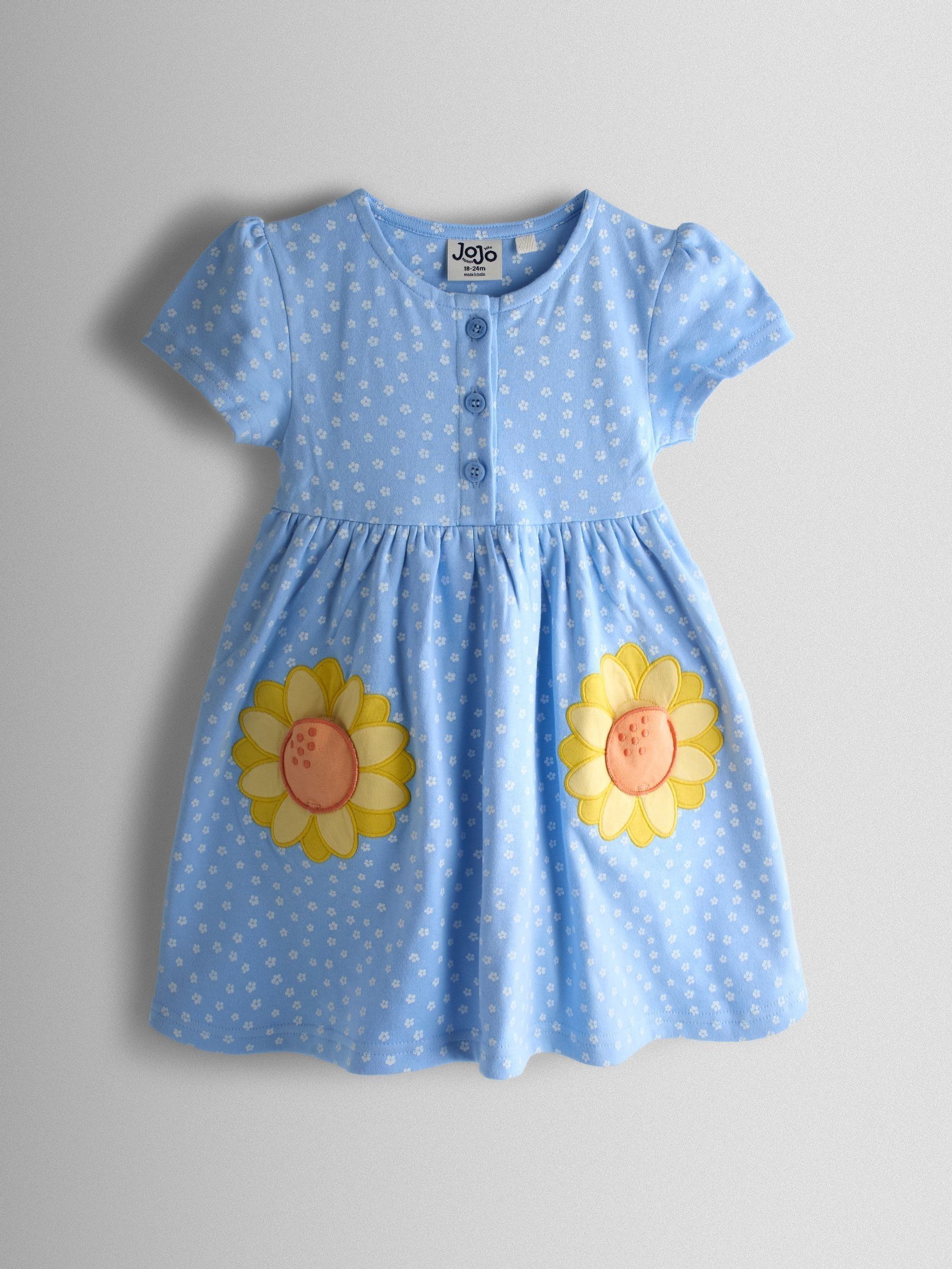 Light Blue Sunflower Appliqué Pockets Button Front Dress (Y09680) | £22 - £25