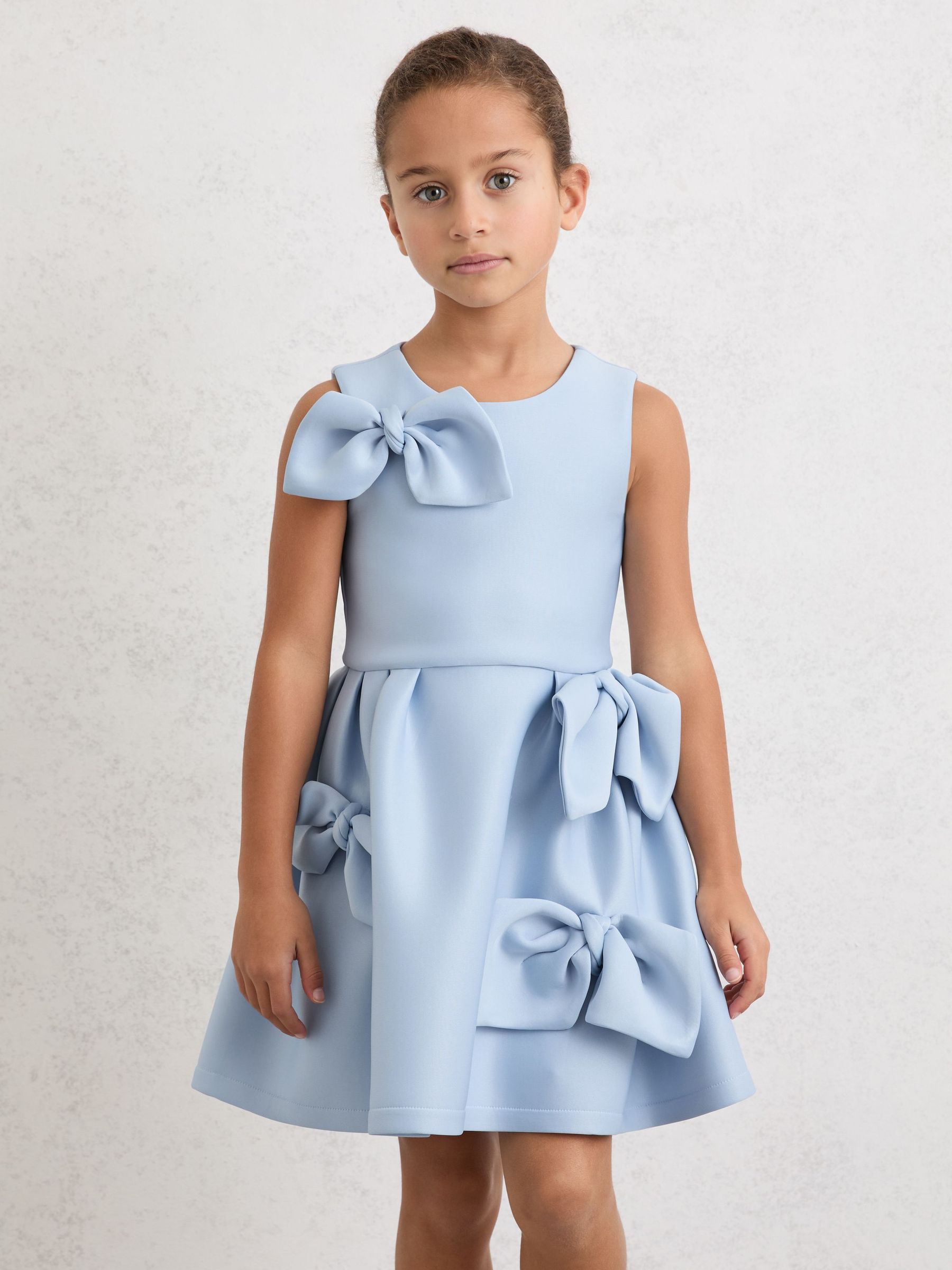 9-13 yrs Scuba Bow-Detail Flared Dress in Pale Blue (Y09741) | £54
