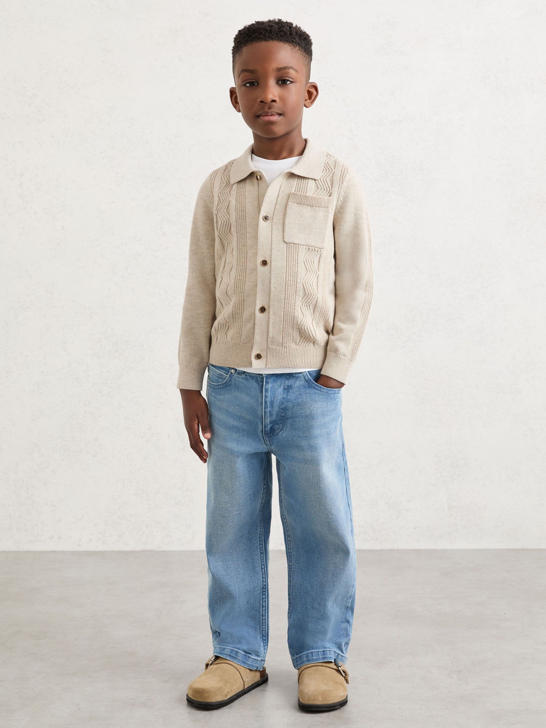 Stitch-Detail Polo-Collar Cardigan Cotton-Blend in Oatmeal (Y11093) | £40