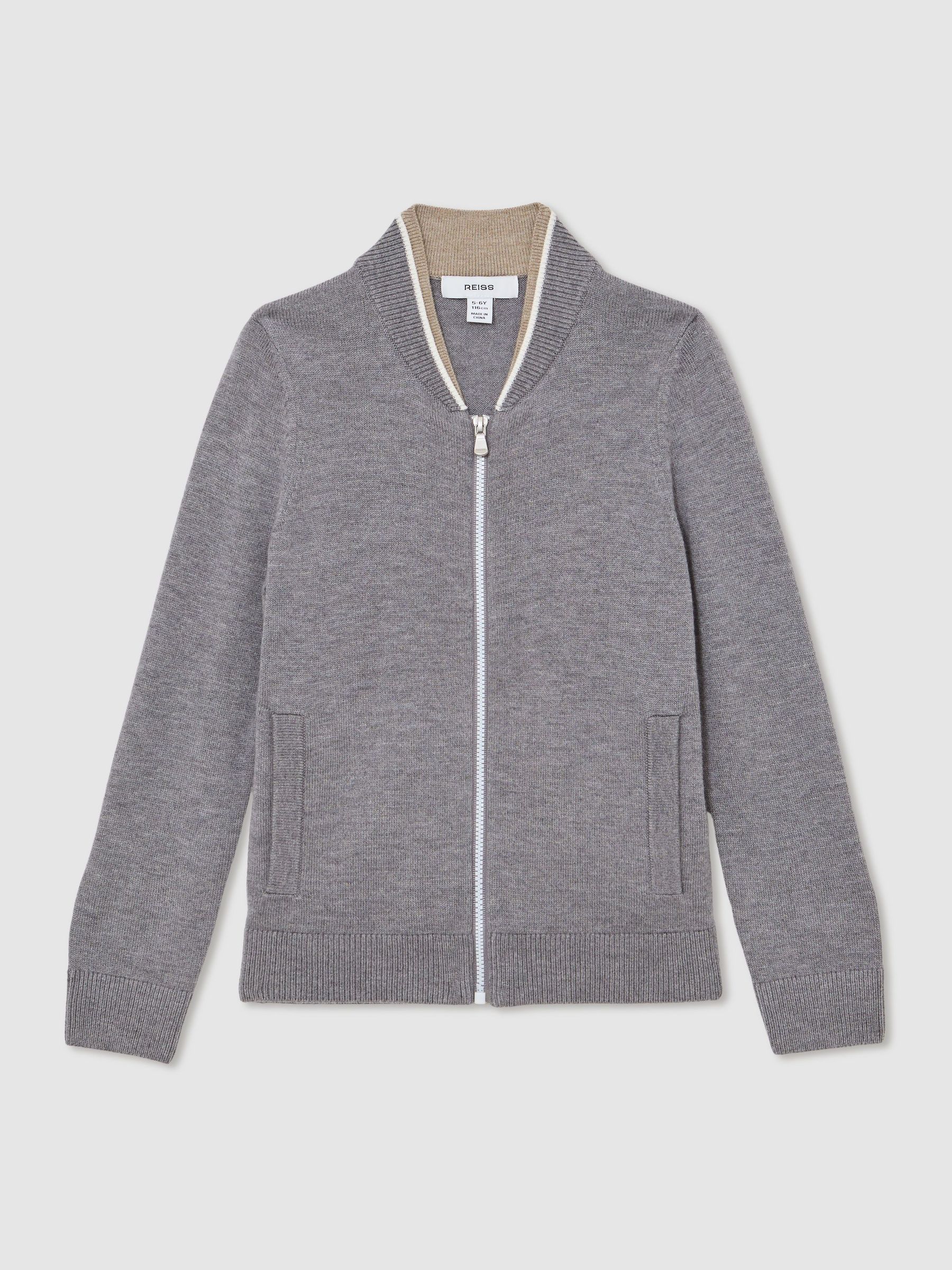 13-14 yrs Zip-Through Bomber Cardigan with Wool in Grey/White (Y11111) | £53