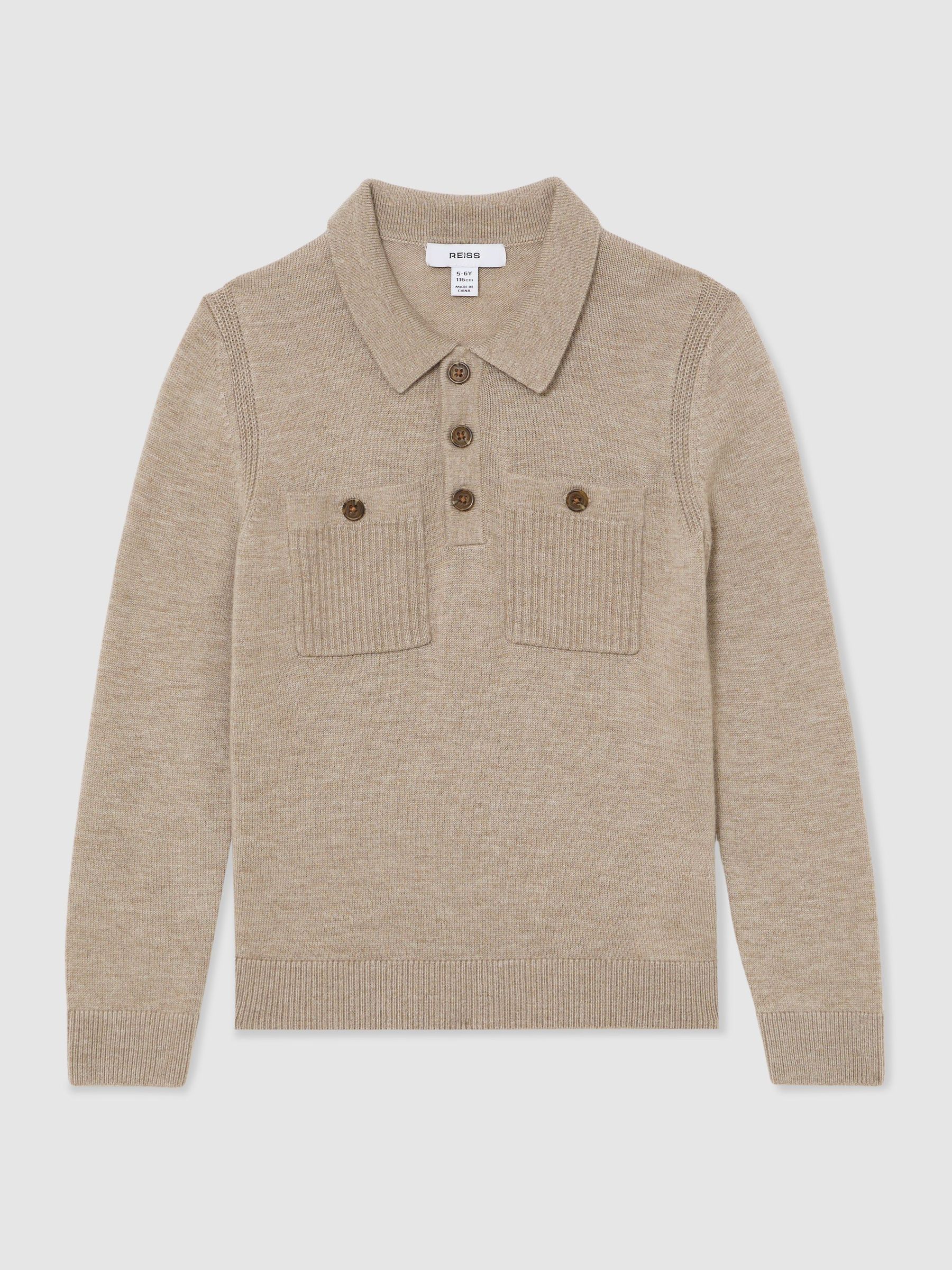 13-14 yrs Half-Button Twin-Pocket Polo Jumper with Merino Wool in Oatmeal Melange (Y11114) | £48