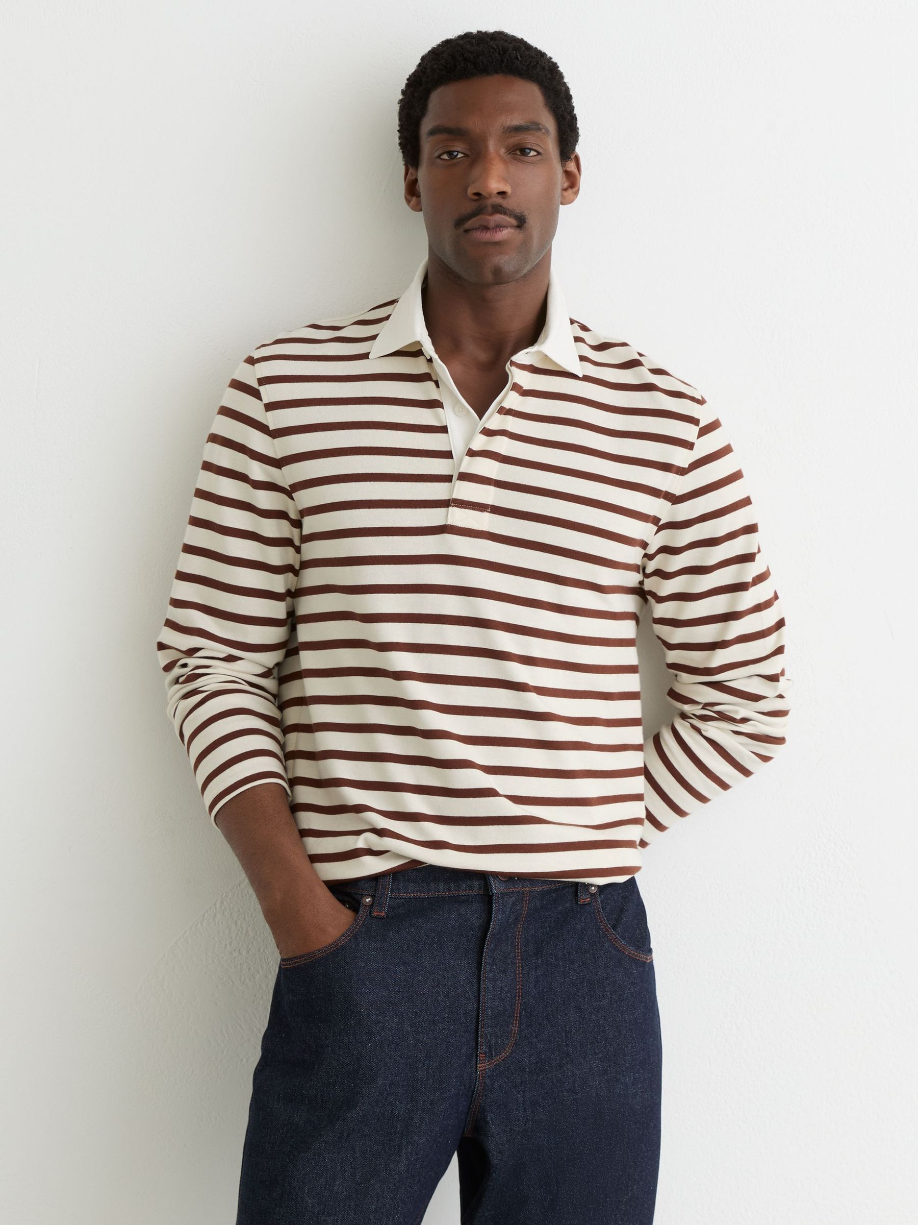 Cotton Rugby-Stripe Polo Shirt in White/Camel (Y12384) | £68