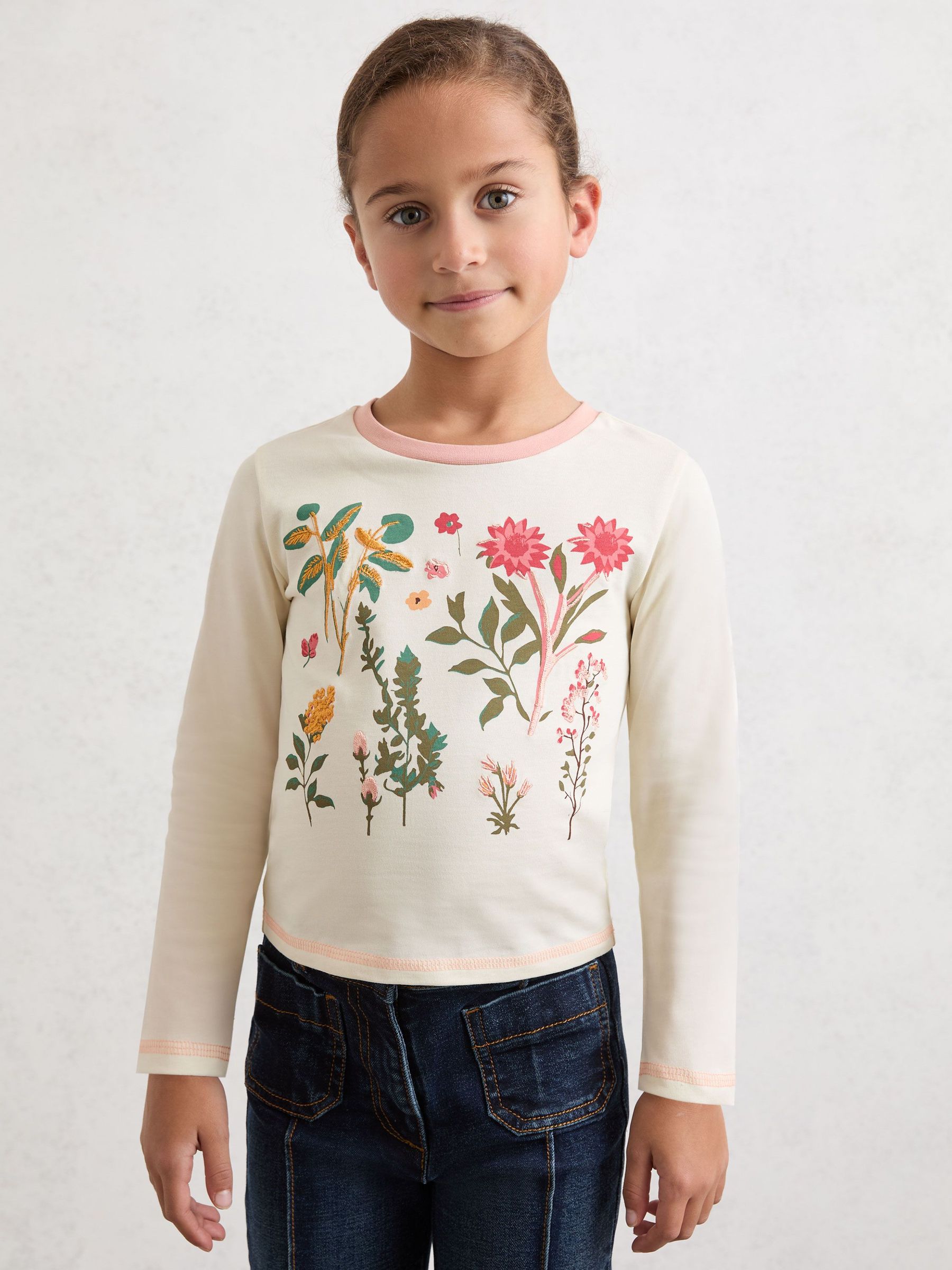 3-9 yrs Cotton Floral Embroidered T-Shirt in Ivory (Y12389) | £20