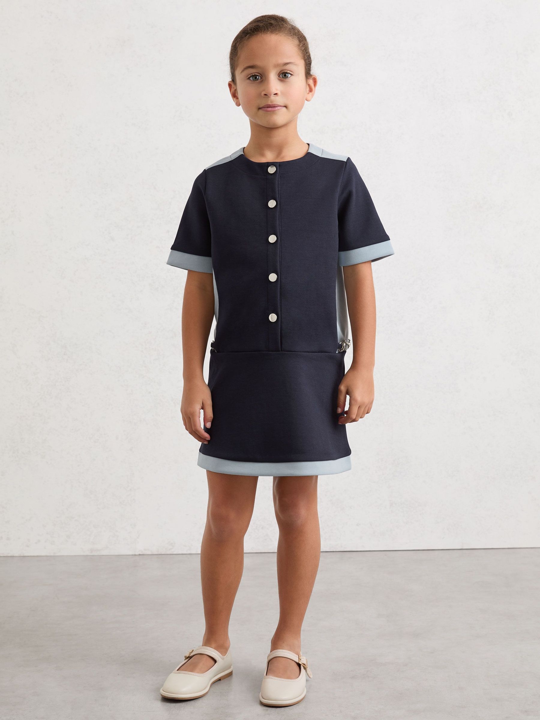 3-9 yrs Premium Interlock Colour-Block Button Dress in Navy (Y12401) | £48