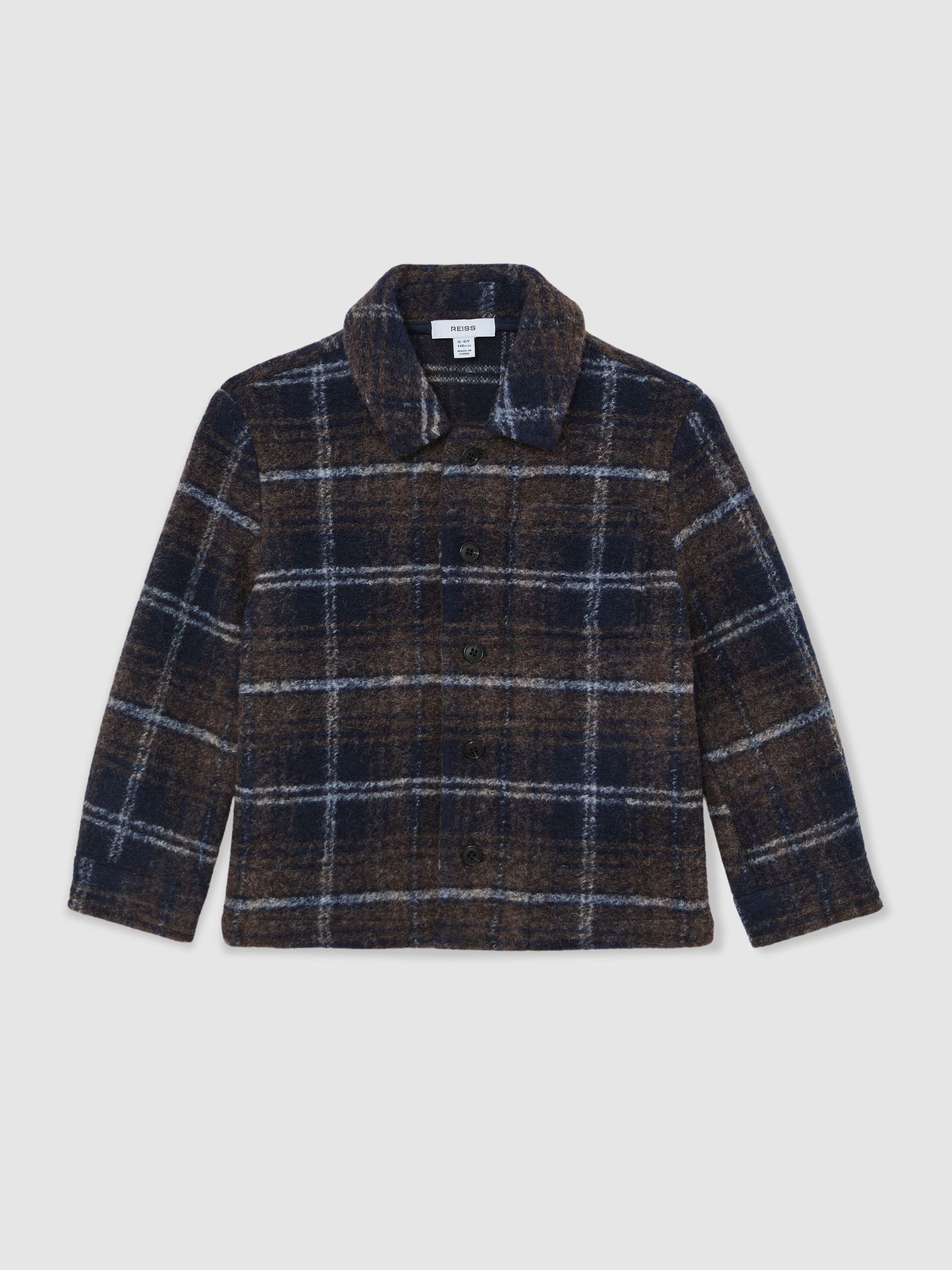 13-14 yrs Button-Through Check Overshirt with Wool in Navy/Blue/Brown (Y14413) | £60