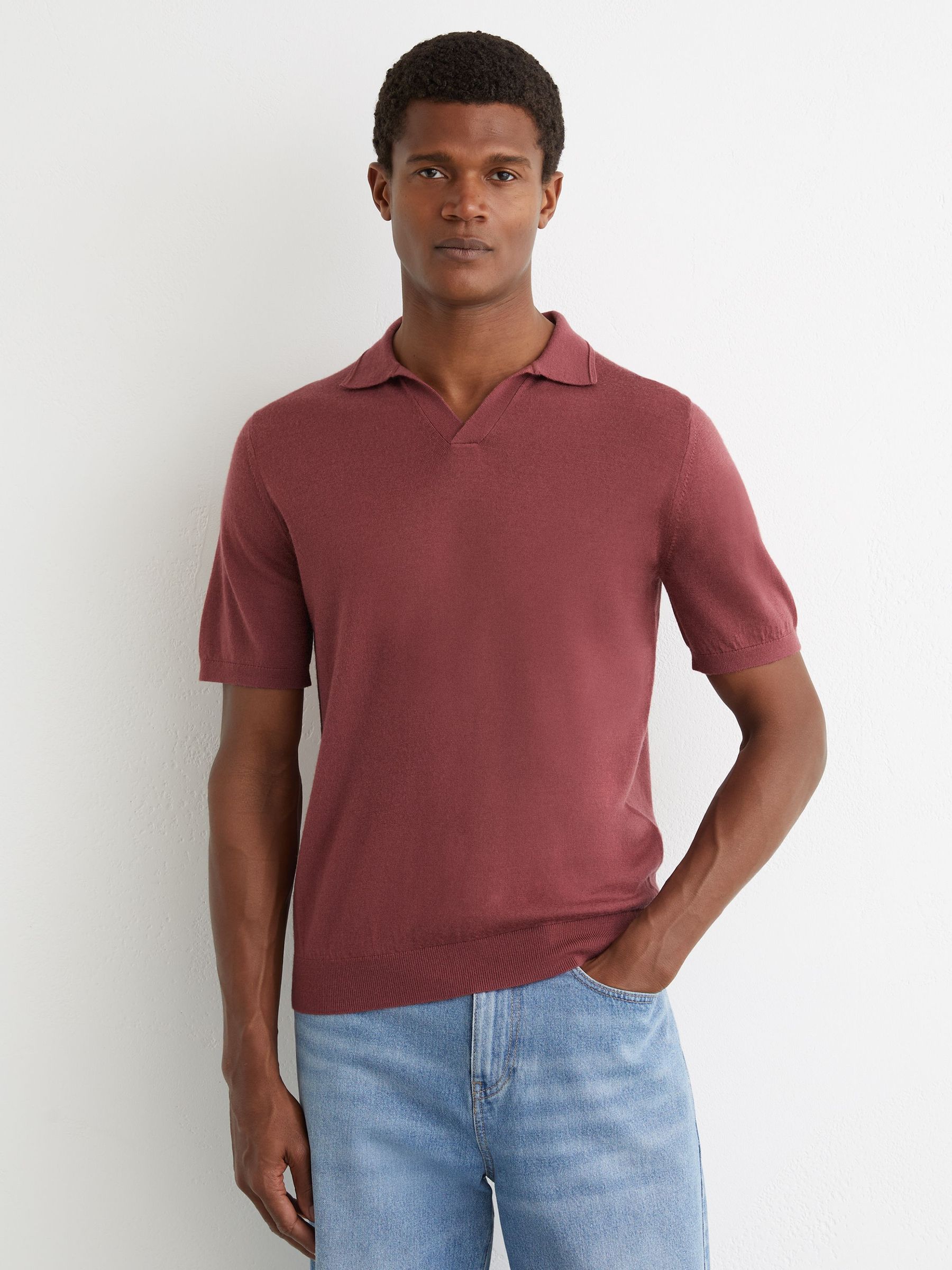 Merino Wool Open-Collar Polo Shirt in Raspberry Pink (Y17217) | £88