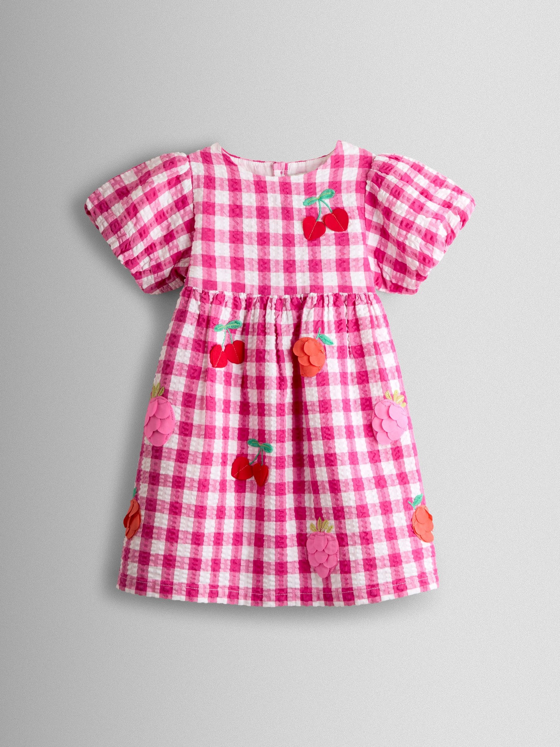 Fuchsia Pink Gingham Fruit Appliqué Puff Sleeve Dress (Y17938) | £25 - £28