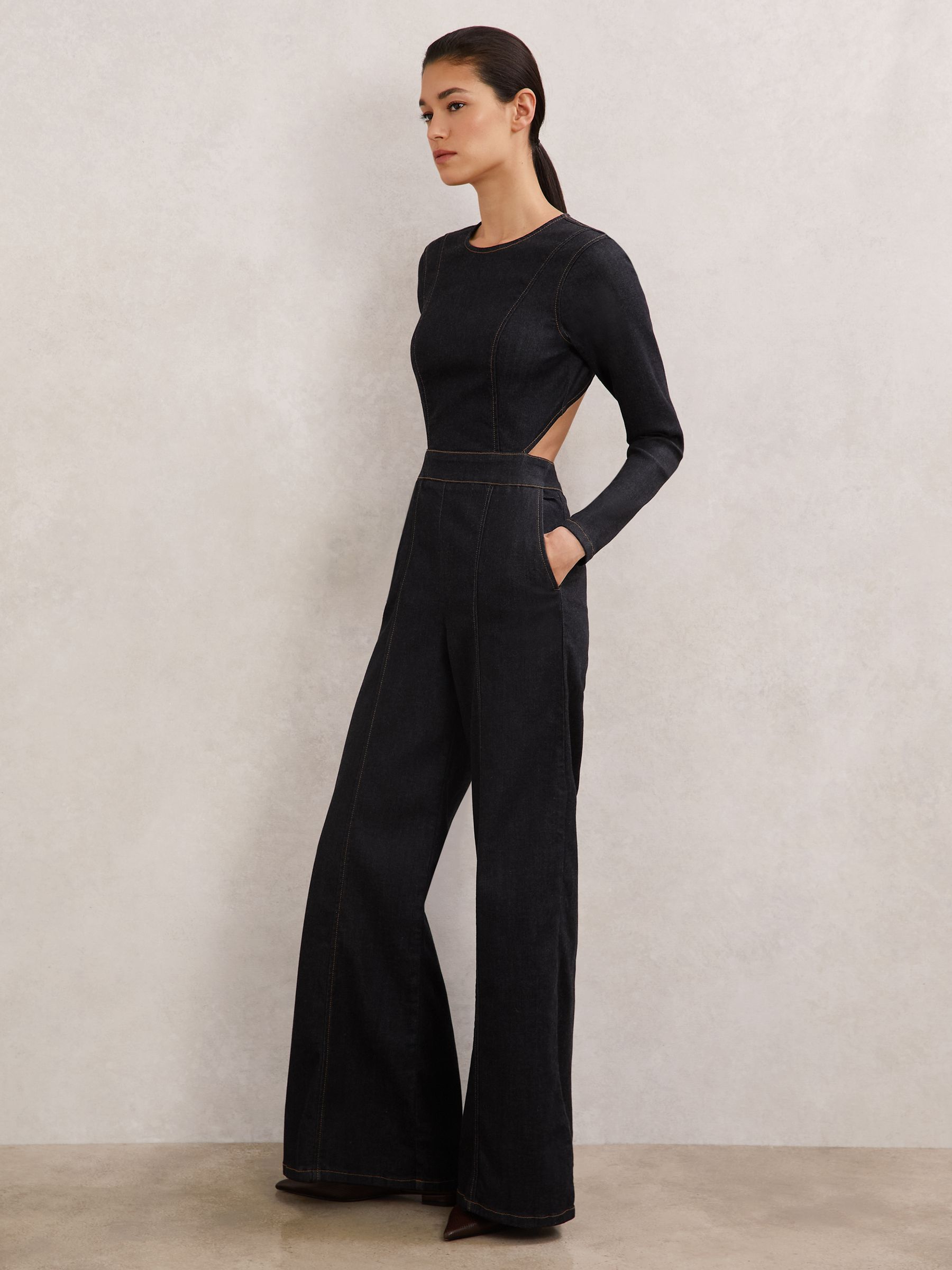 Wide-Leg Open-Back Denim Jumpsuit in Indigo Blue (Y20901) | £240