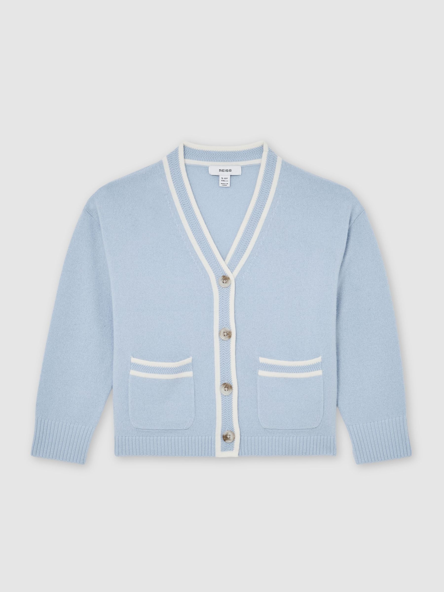 13-14 yrs Wool-Blend Tipped Cardigan with Cashmere in Pale Blue (Y20907) | £48