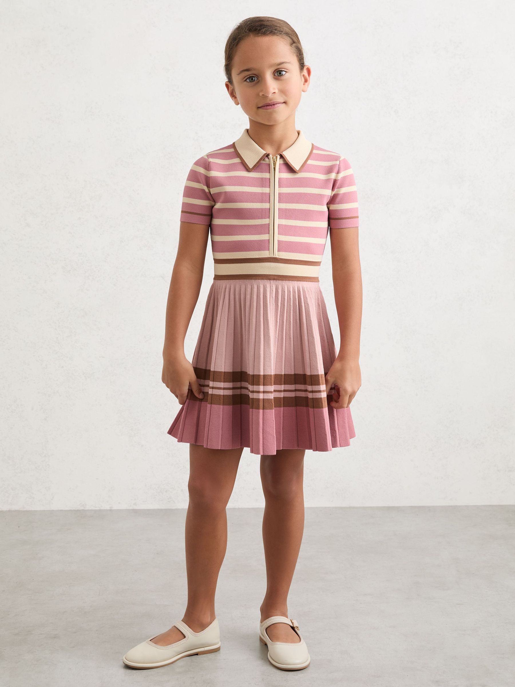 3-9 yrs Cotton Collared Stripe Knit Dress in Pink (Y20913) | £70
