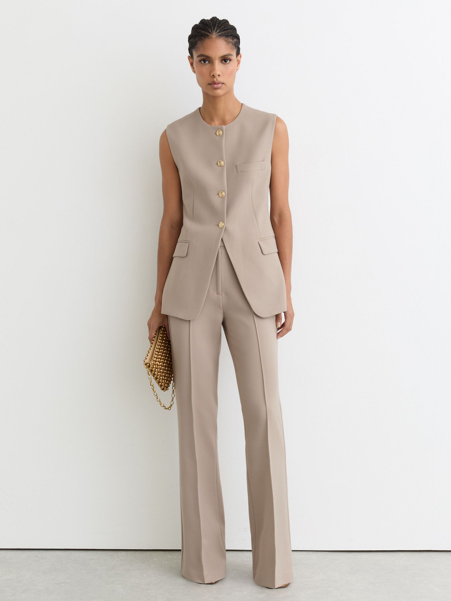 Button-Through Longline Waistcoat in Stone Neutral (Y20926) | £160