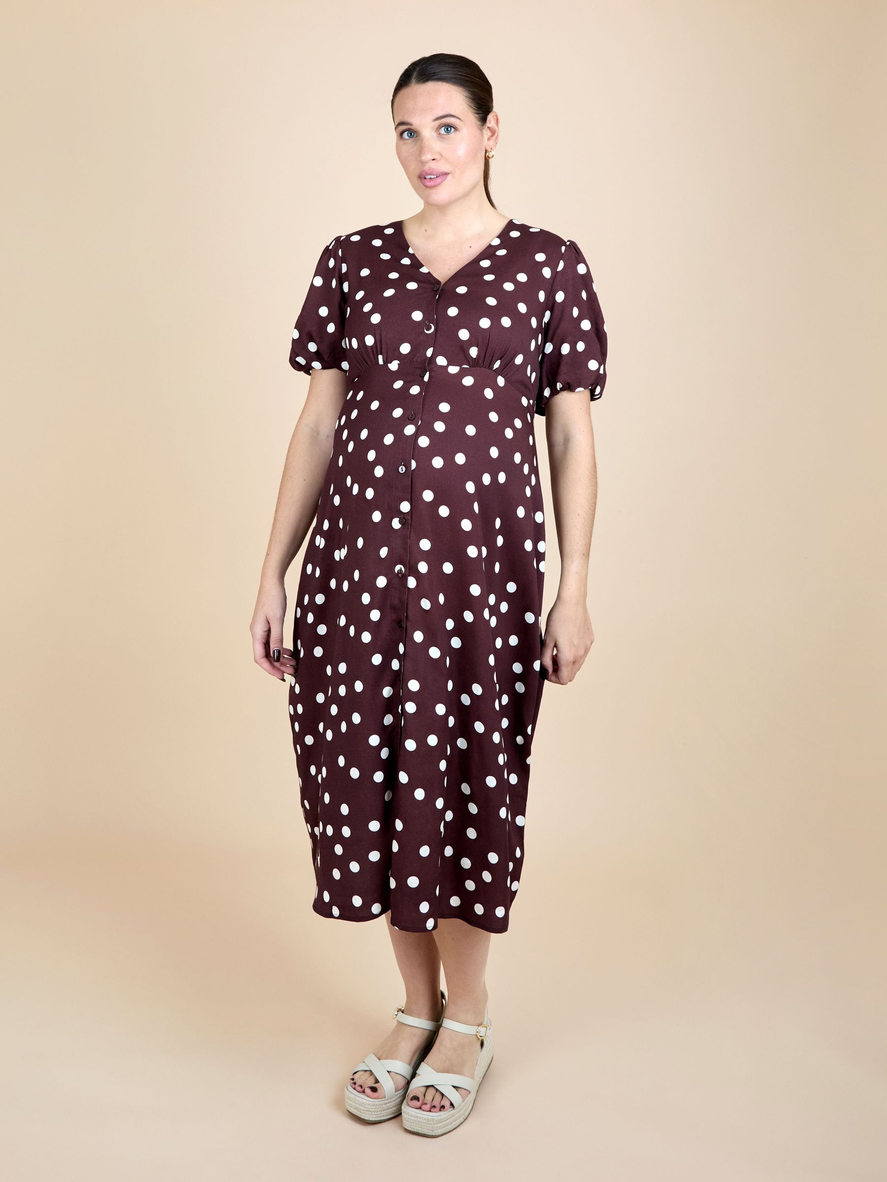 Brown Puff Sleeve Button Through Tie Waist Maternity Tea Dress (Y22080) | £49.50